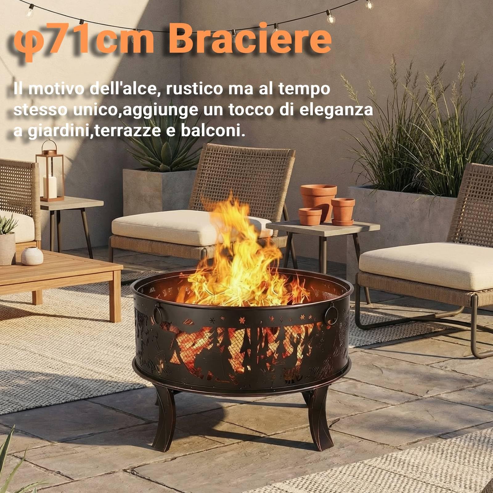 TLGREEN Braciere da giardino, braciere da Esterno con parascintille, stabile, fire pit 71 x 65 cm, con griglia per poker, 4 PCS piede, campeggio, spiaggia, tetto, look retrò, squisito motivo erba