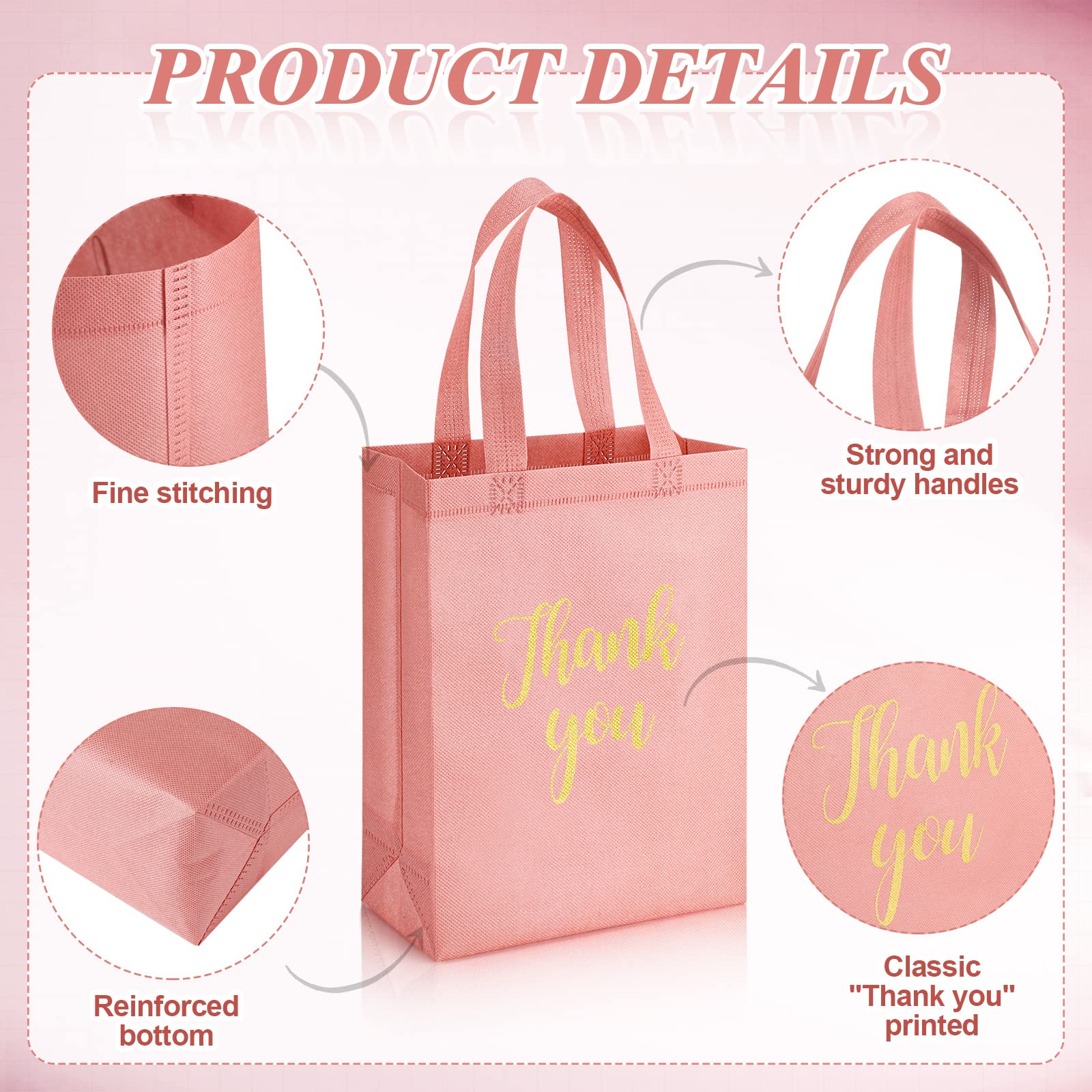 Roowest Lot de 50 sacs à provisions réutilisables non tissés avec poignées (rose, doré)