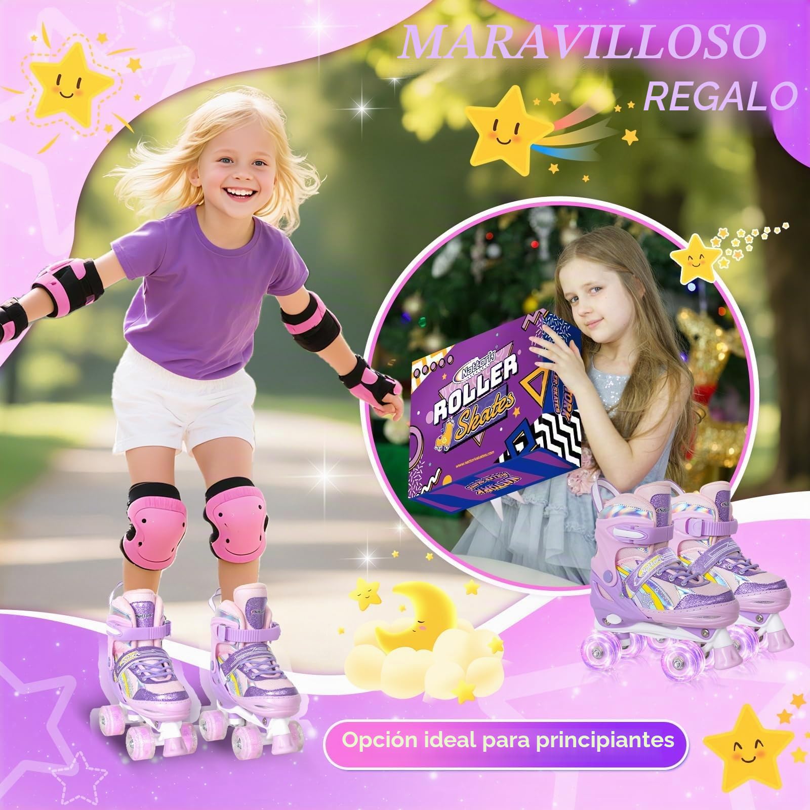 Nattork Patines de ruedas para niñas, 4 posiciones, ajustables, arco iris, el mejor regalo de cumpleaños para deportes al aire libre