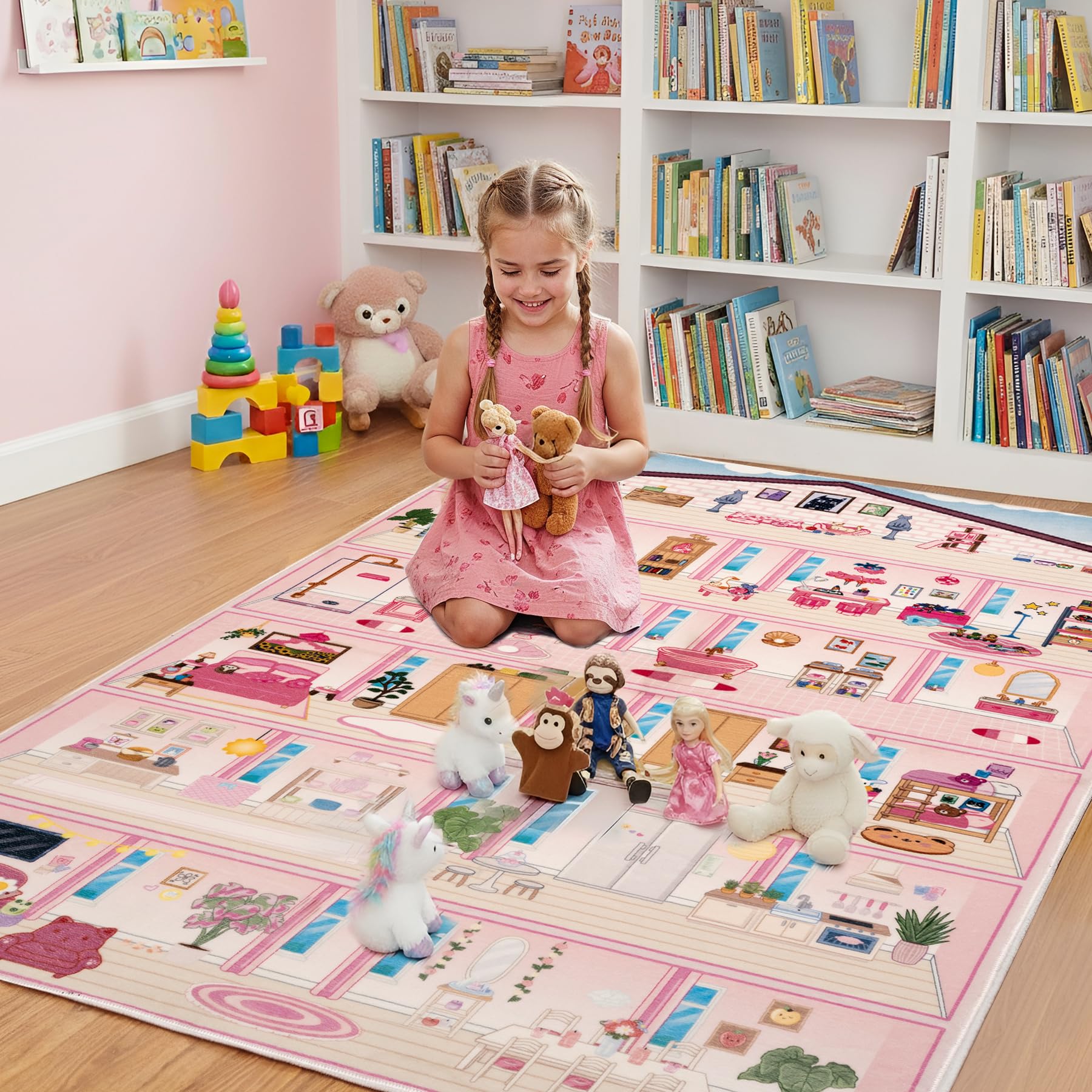 Photo 1 of Rug&Play 4x6 Ultra Soft Pink Dollhouse Play Rug for Girls Room – Washable Non-Slip Area Rugs for Kid Bedroom & Kids Playroom Decor – Pink Princess Carpet for Girl & Toddler