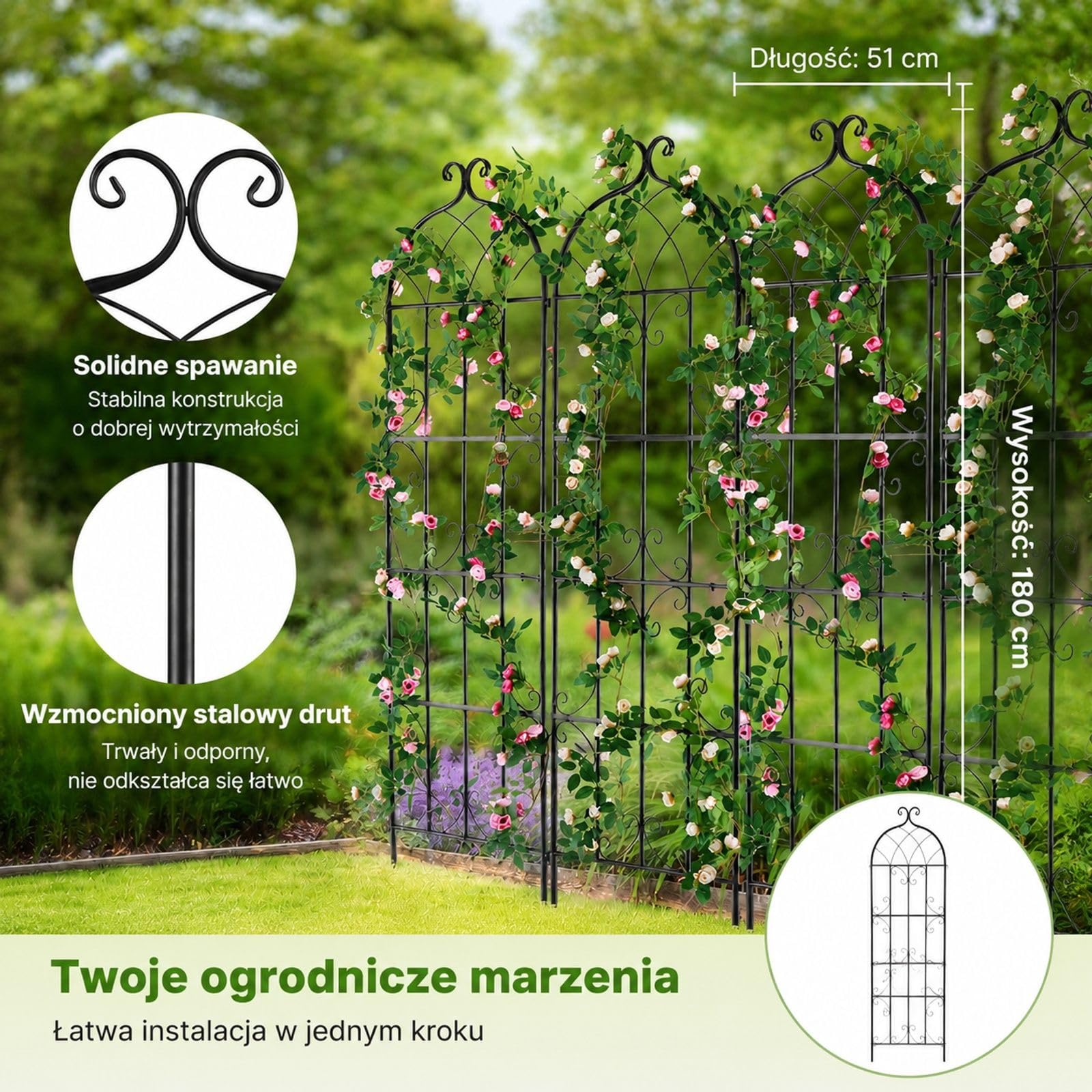 Zestaw 6 metalowych krat ogrodowych do roślin pnących, wbijane podpory do ogrodu, balkonu i tarasu