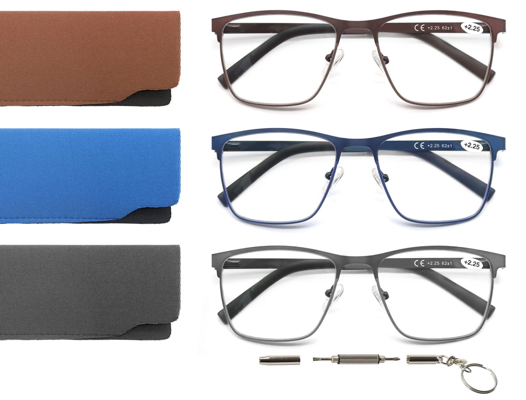 OLOMEEReading Glasses Men Blue Light Blocking Square Metal Magnifying Readers Lightweight&Comfortable Cheater Glasses 3 Pack