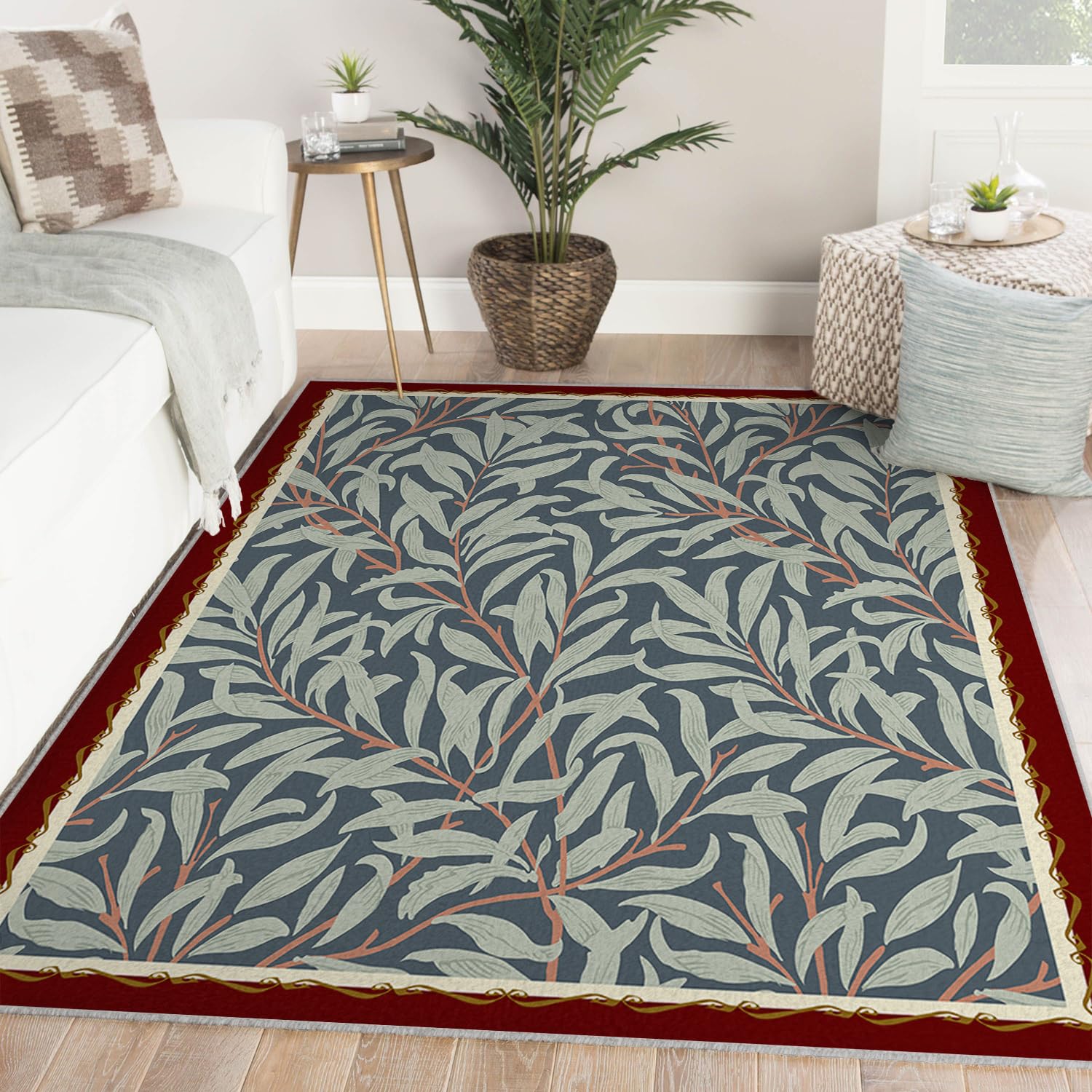 Tapis de salon bleu motif feuilles de saule pour une ambiance cocooning