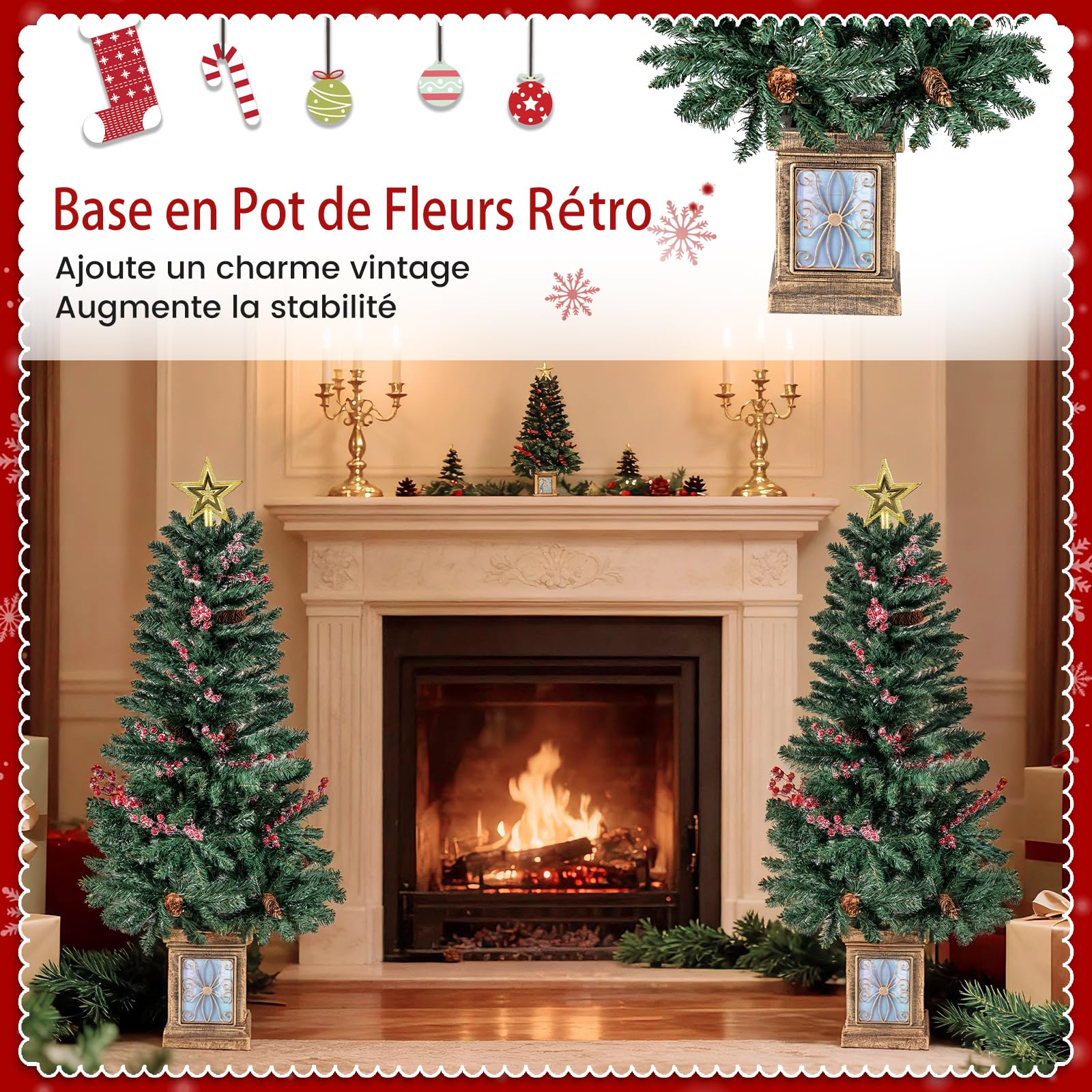 COSTWAY Lot de 2 Sapin de Noël en Pot, 1 Guirlande, 1 Couronne, Pommes de Pin, Baies Rouges Givrée, Étoile de Cime, Décoration Saisonnière pour Cheminée, Porche