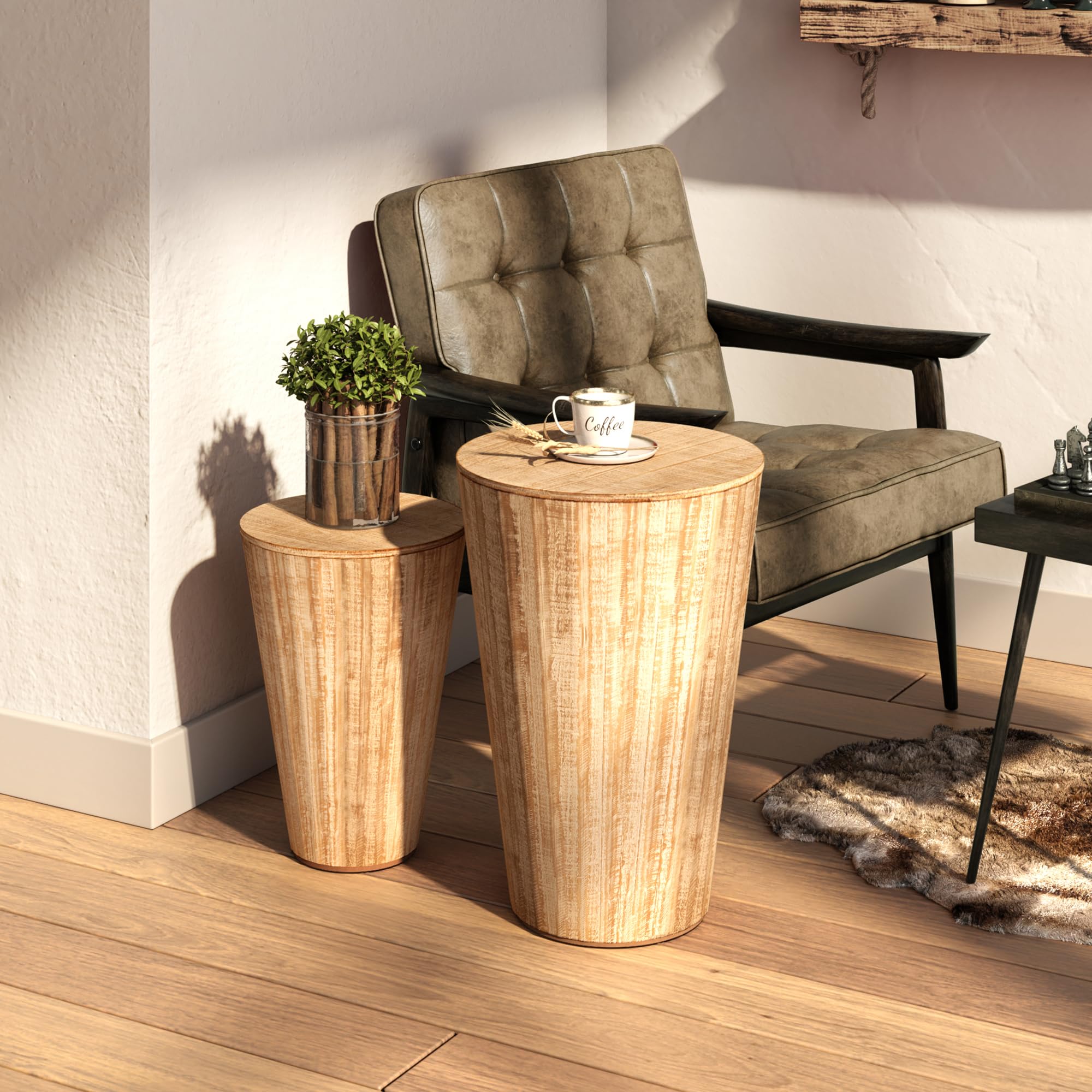 Aoikax Farmhouse Nesting Barrel Side Table, Fully Assembled, Natural | Rustic Space Saving Storage End Table Set, Natural Wood Finish