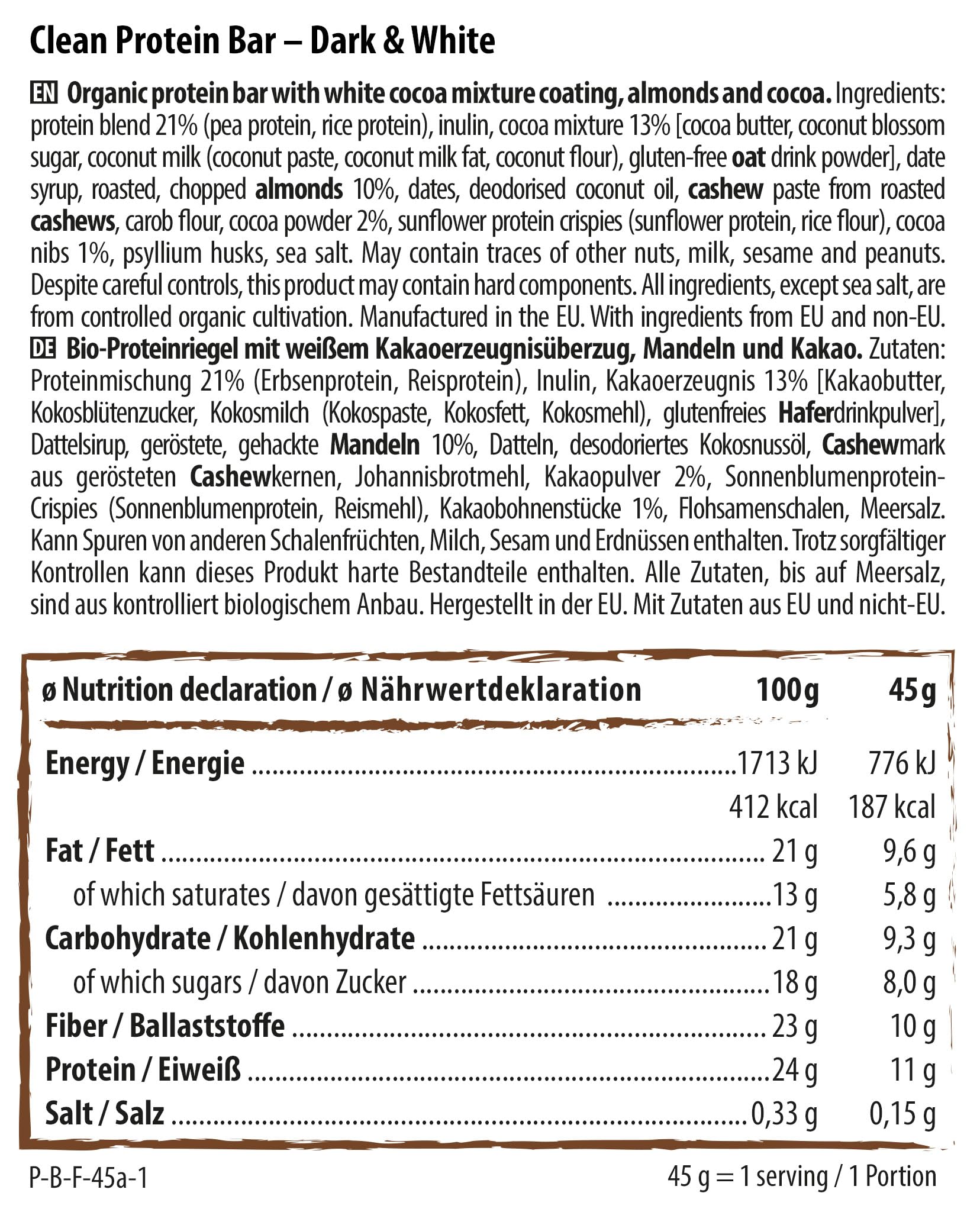 Naturally Pam Clean Protein Bar | High Protein Eiweißriegel Snack | veganer Proteinriegel | Dark & White – 12 x 45g
