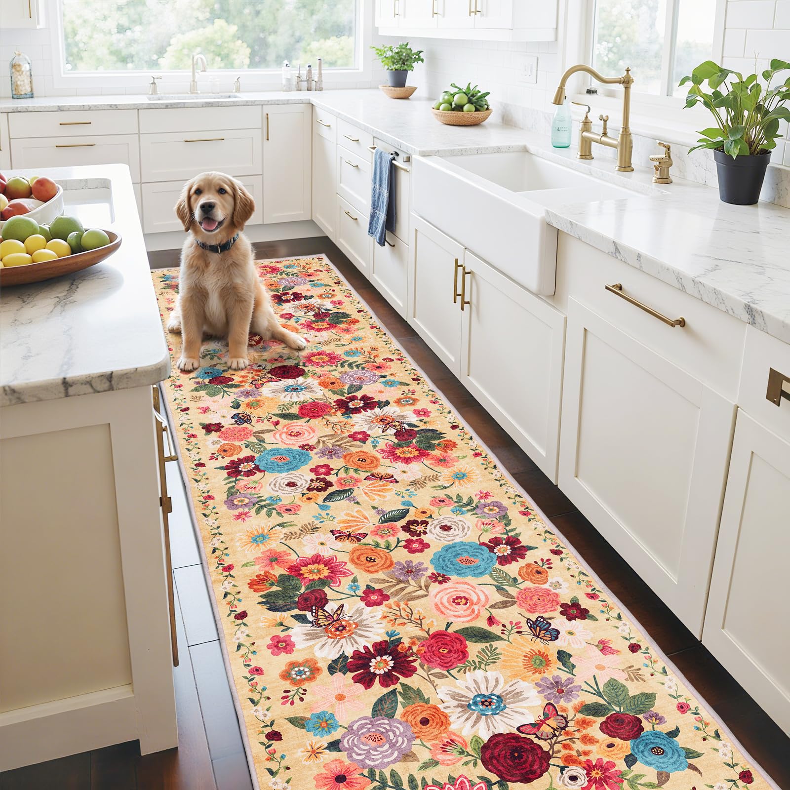 Floral Hallway Runner Carpet Non-Slip, 2x10 Washable Rug Ultra-Thin Soft for Hallways, Kitchen Mat Stain Resistant for Entryway Bathroom (2 x 10,