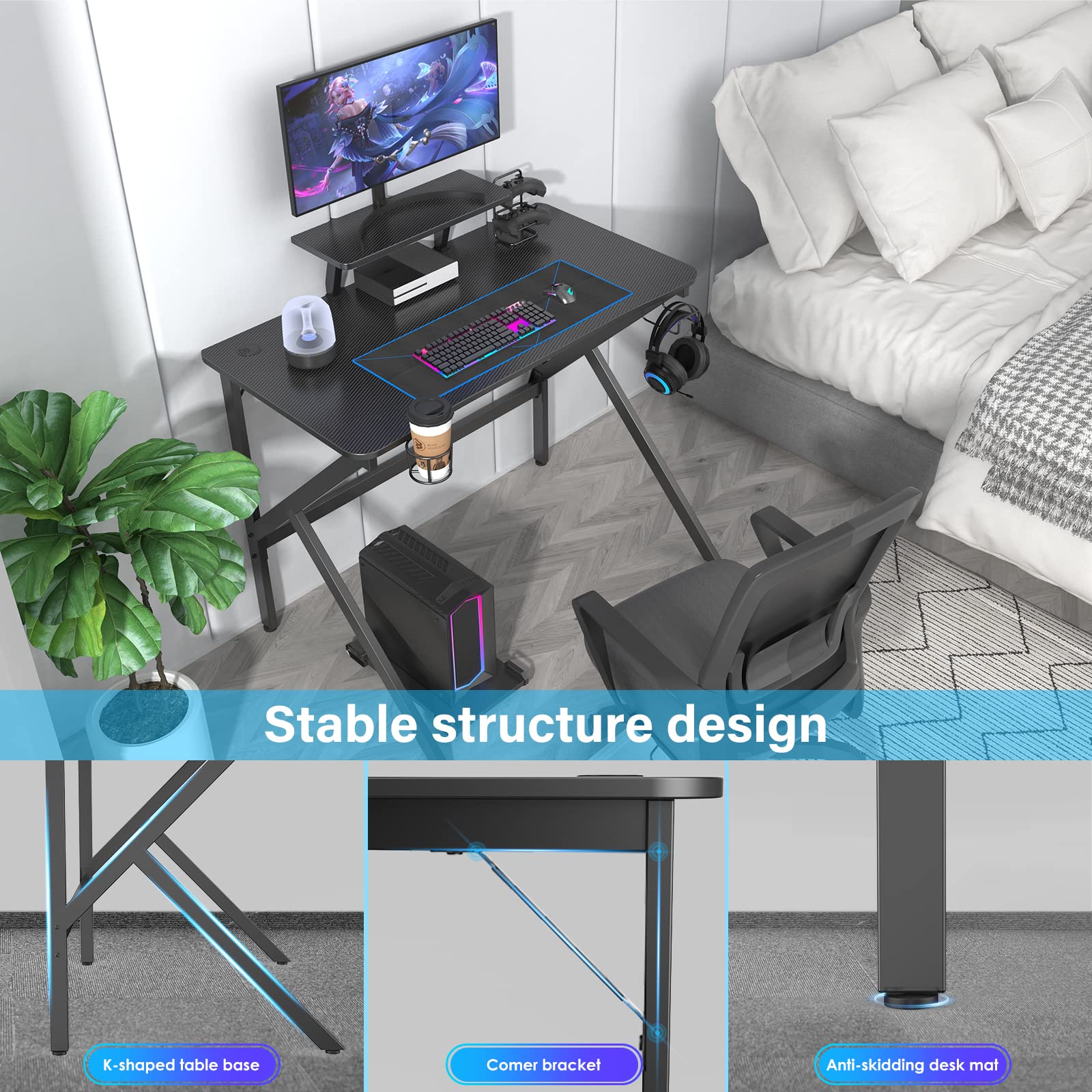 Scrivania Gaming Regolabile, Tavolo Gaming 100x55, Postazione Gaming con Piano del Tavolo in Fibra di Carbonio, tavolo gaming a forma di k con porta tazza, gancio per cuffie, ergonomico
