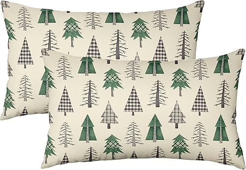 Miniatura 9 de Juego de 2 fundas de almohada de árbol de Navidad en acuarela de 18 x 18 pulgadas, diseño rústico de pino verde con estampado de pinos para