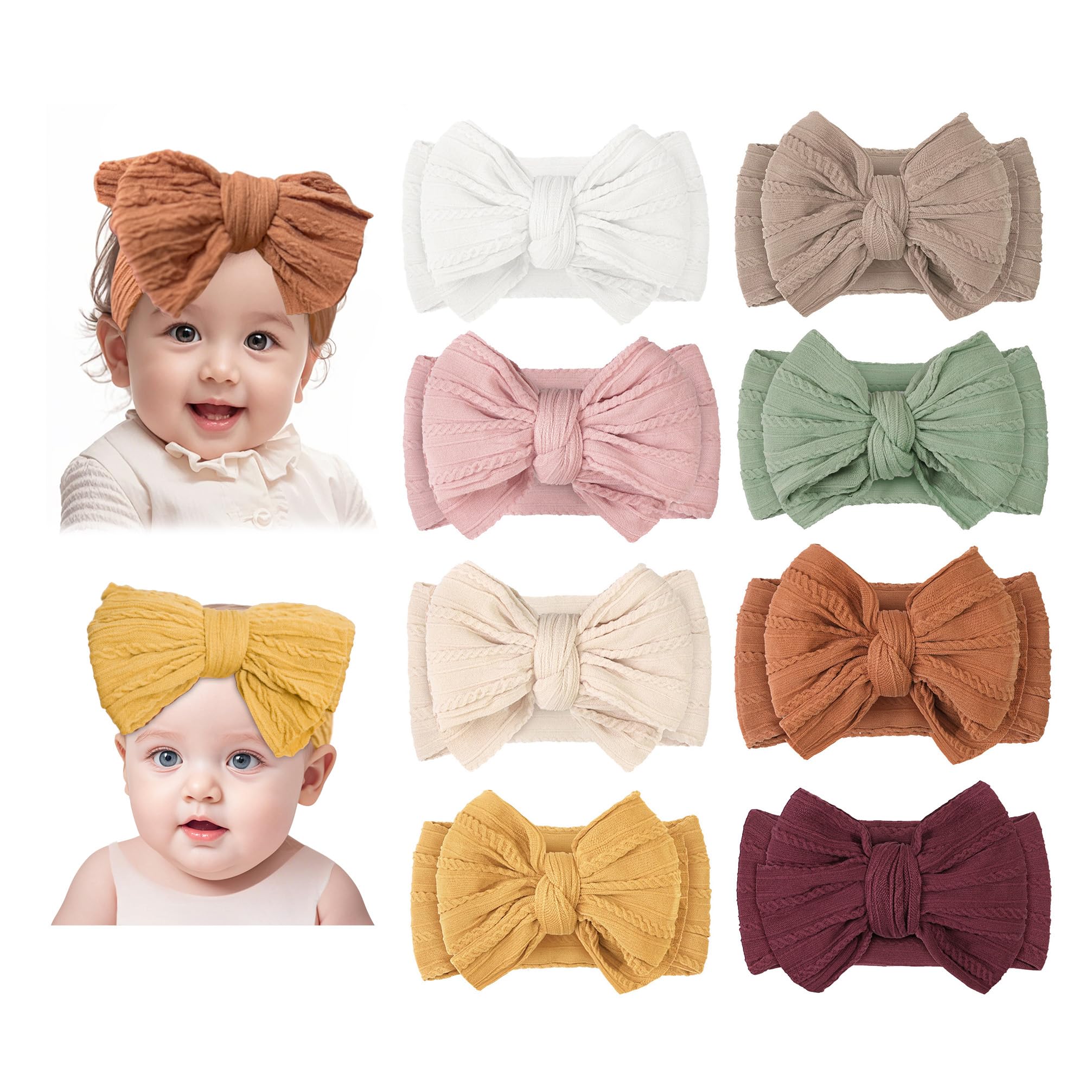 BEWDIO Green Toddler Bow Headbands for Baby Girls, Rust Soft Hair Bands with Bows for Newborn Infant Toddler (66-05)