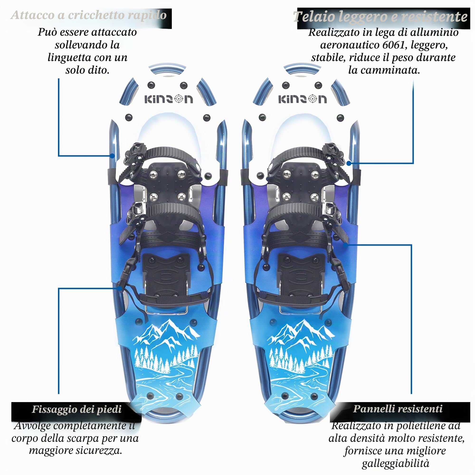 KinZon Racchette da neve 3 in 1, leggere e resistenti, con bastoni da trekking e borsa da trasporto, dispositivo di sollevamento del tallone,per escursioni