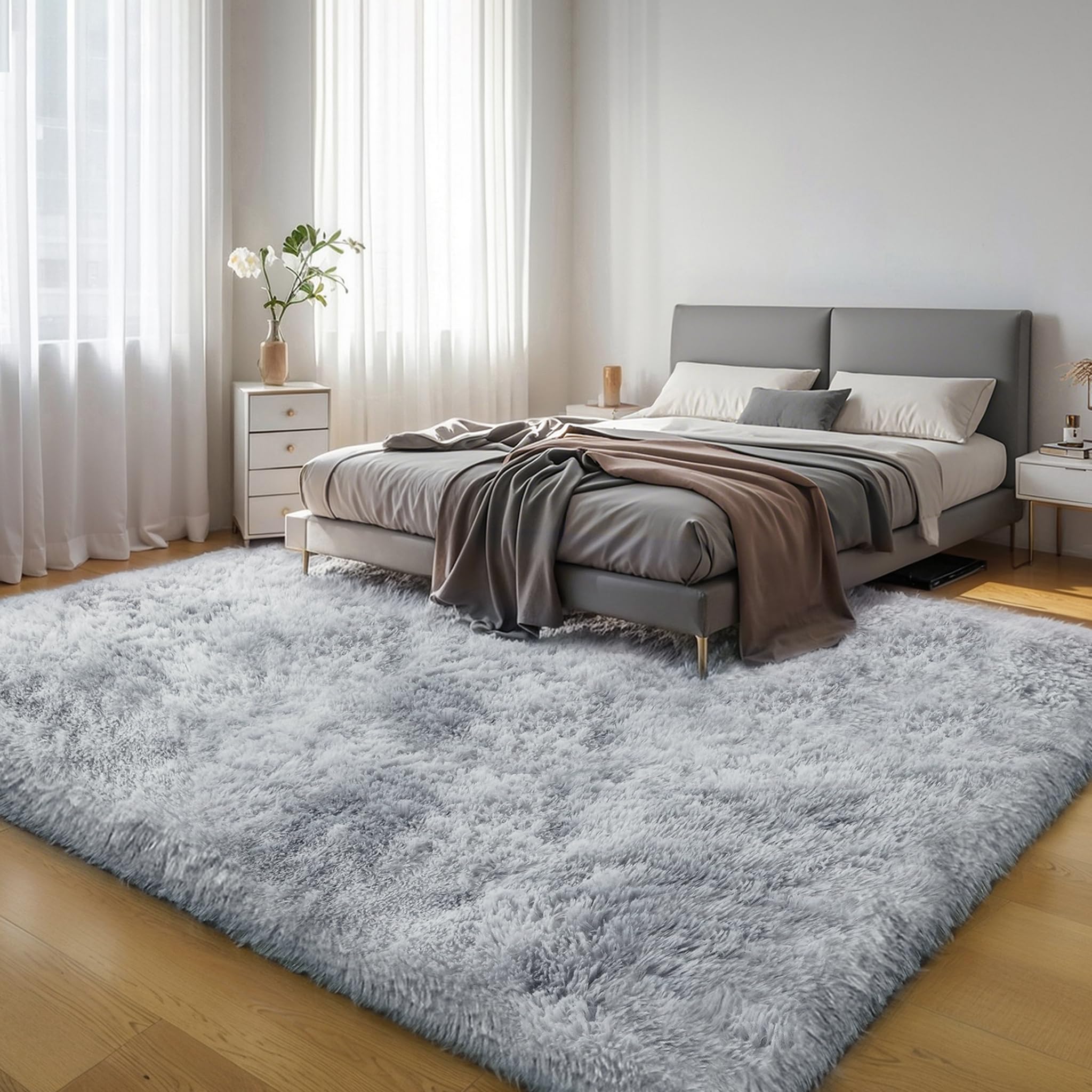 KICHOWUA Thick Area Rug Light Grey 6x9 Fluffy Shag for Bedroom Ultra Soft Plush Fuzzy Washable Thickened Non Slip Carpet for Living Room Dorm Nursery