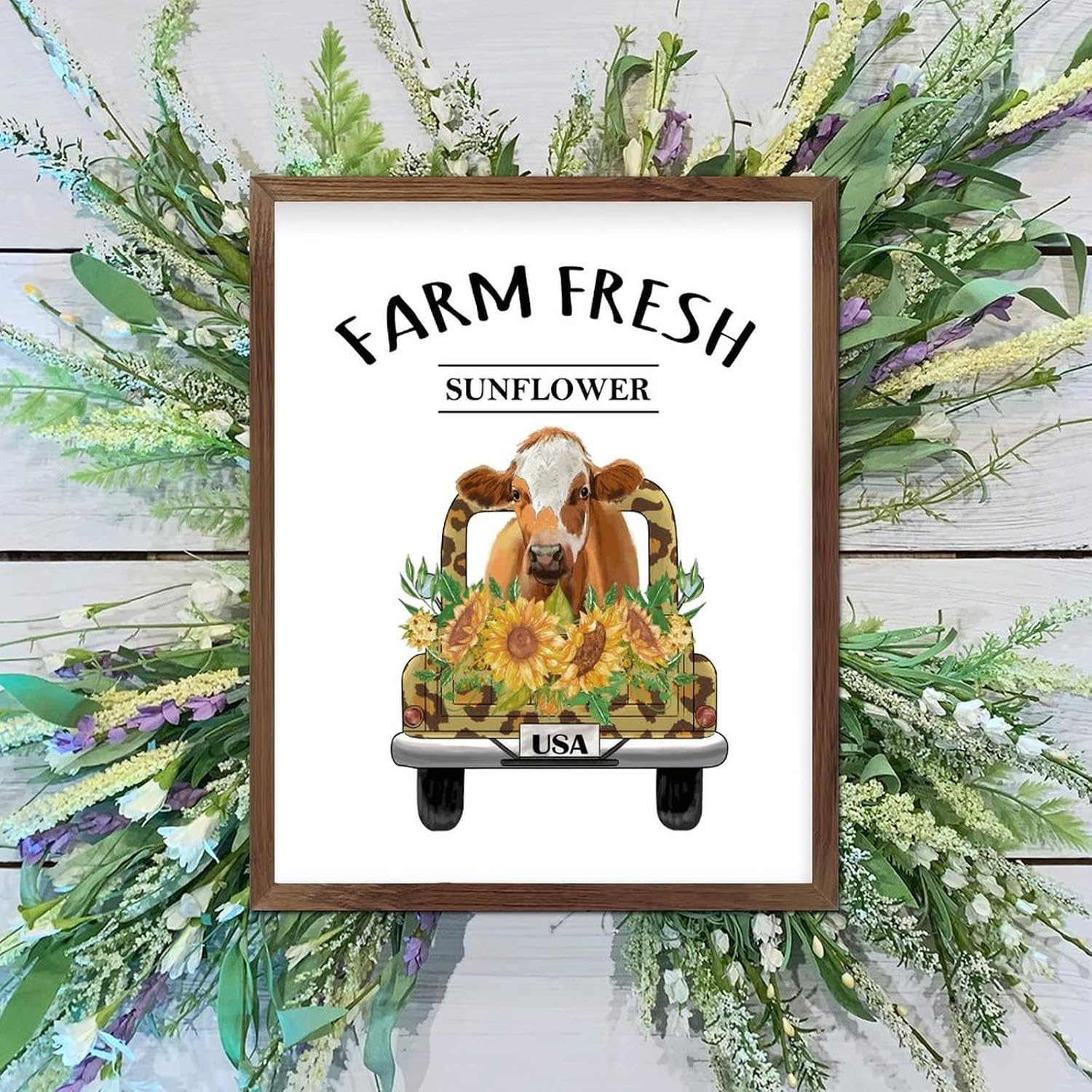 Farm Fresh Sunflower Wooden Framed Sign Farm Cow Leopard Truck Wood Panels Farmhouse Blossom Floral Wood Decor Farmhouse Wall Hanging Plaque for Bedroom Living Room Wall Kitchen Home 20x16inch