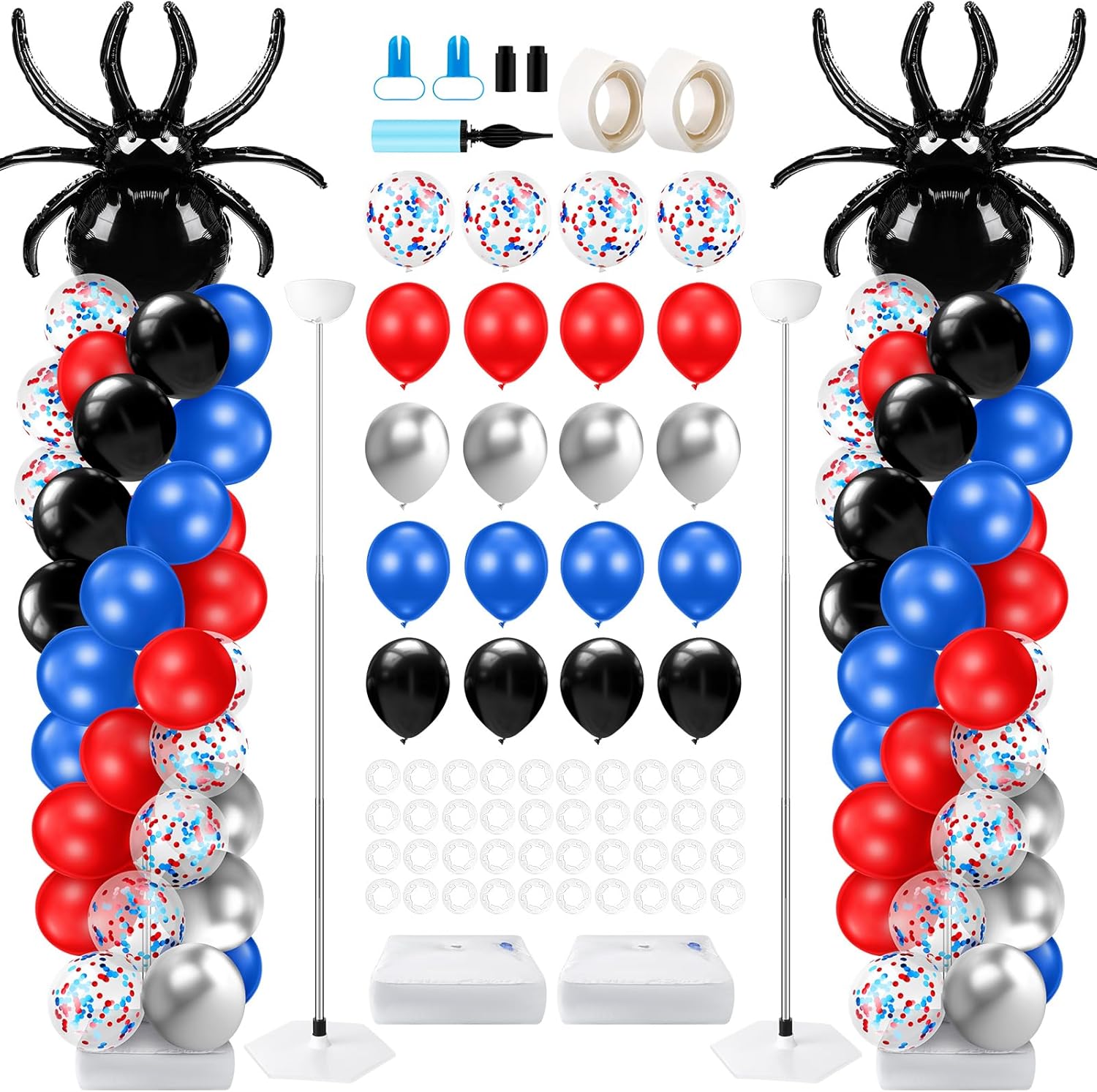 Kasyat 2 Sets Spider Party Balloon Column Stand Kit with 2 Spider and 100 Red Blue Black Latex Balloons, Adjustable Arch Stands for Birthday Baby Shower Hero Theme Party Decorations