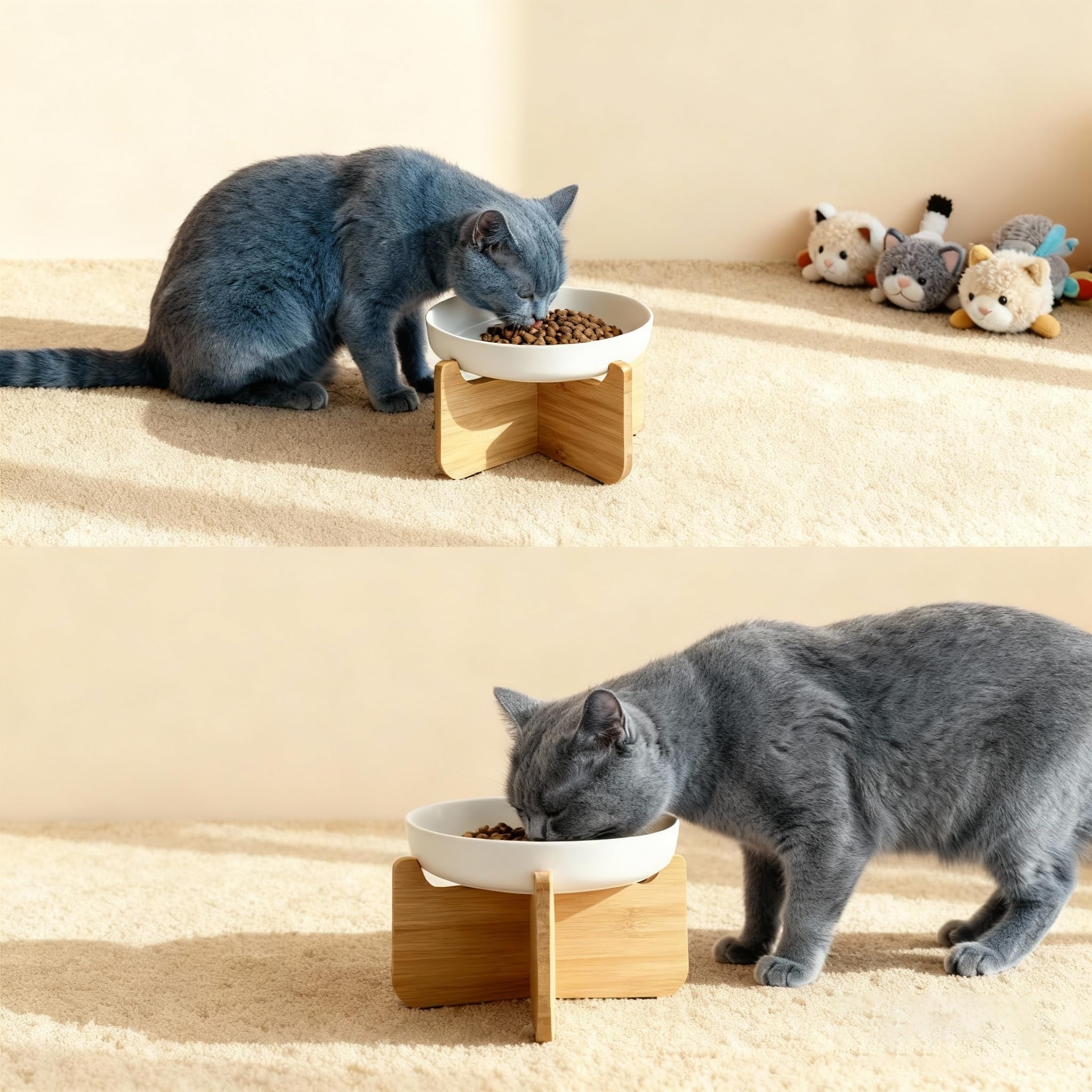 Podwyższone miski dla kota z bambusowym stojakiem, 15 cm, bardzo szeroka, ceramiczna, podniesiona miska dla kota, przyjazna dla wąsów, 2 szt. karmy dla zwierząt domowych i talerzy na wodę, naczynie