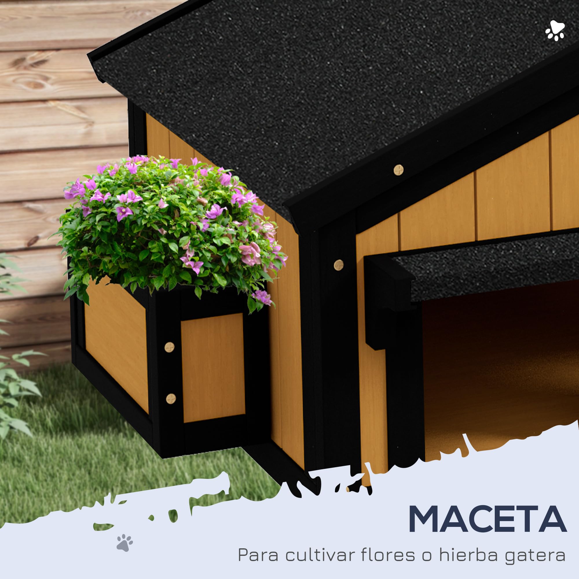 PawHut Casa para Gatos de Madera con Macetero 2 Niveles 96x65x85,5 cm Techo Asfáltico Ventana Múltiples Entradas Interior Exterior
