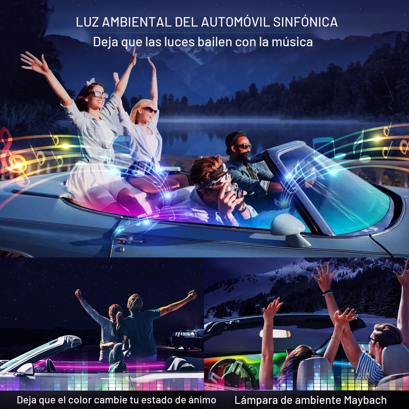 Tira de luces LED para interior de coche con aplicación inalámbrica, RGB 10 en 1 con 175 pulgadas, 593 LED de fibra óptica, 16 millones de colores, sincronización a función musical, tira LED para