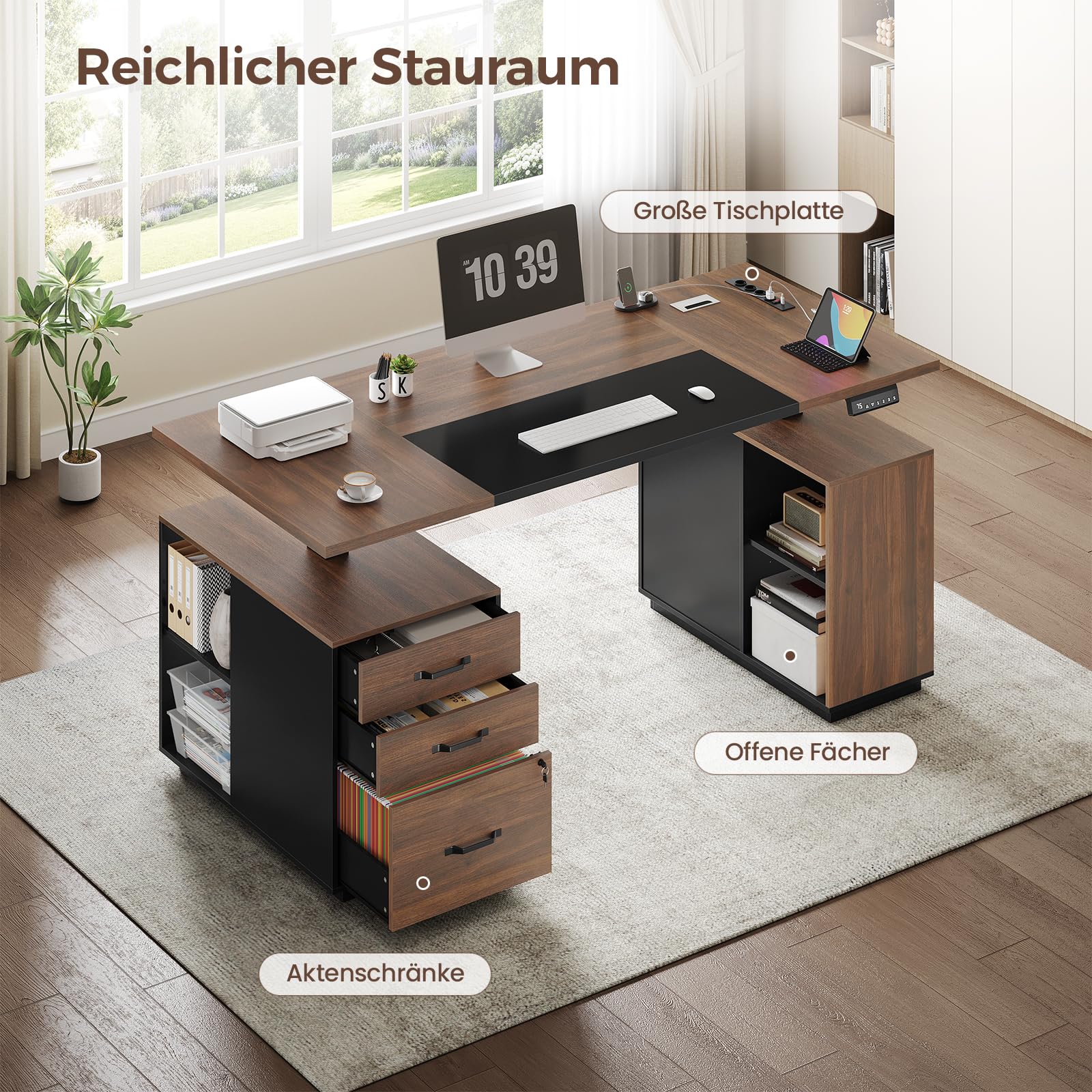 KIMENICH Höhenverstellbarer Schreibtisch elektrisch 140x70 cm, Computertisch mit Schubladen, offene Fächer, Ladefunktion, Stehtisch, Bürotisch, Memory-Funktion, Schwarz