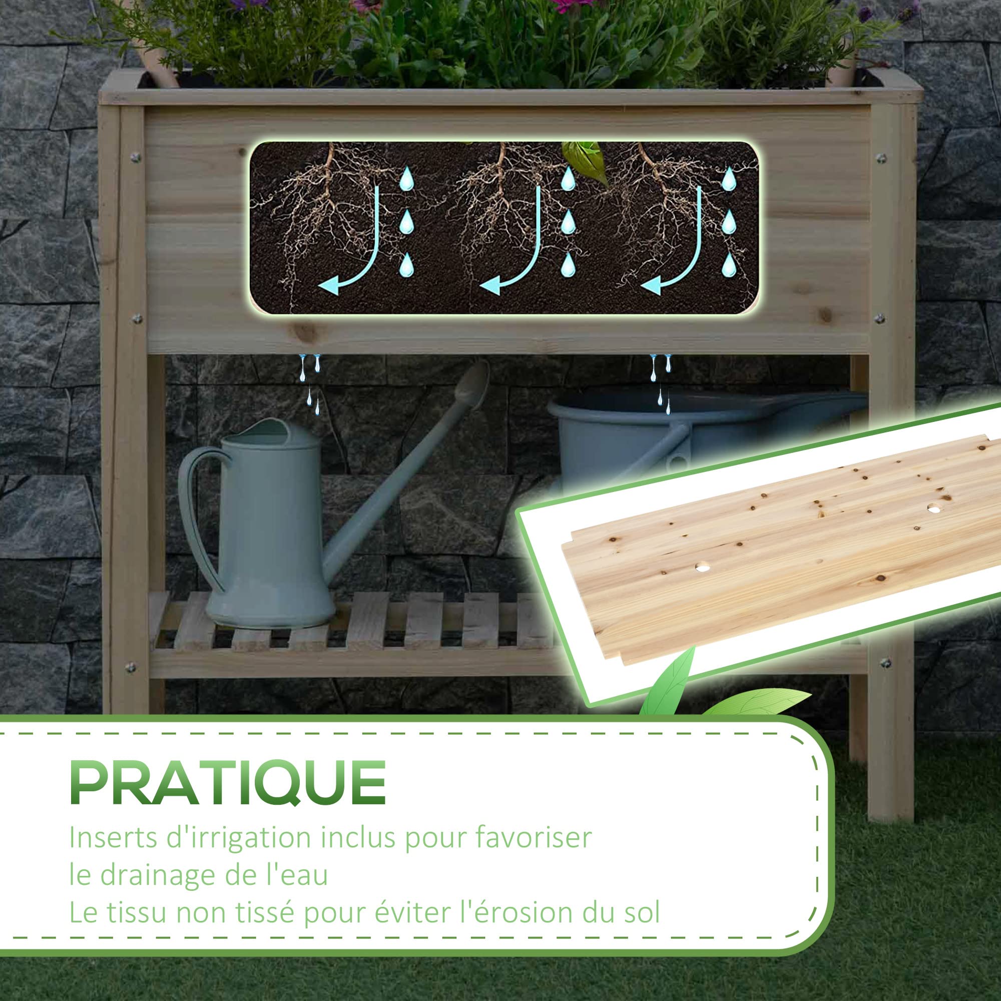 Outsunny Jardinière sur Pieds Potager avec étagère à Lattes 90 x 40 x 81 cm Inserts d'irrigation, géotextile Inclus en Bois Massif