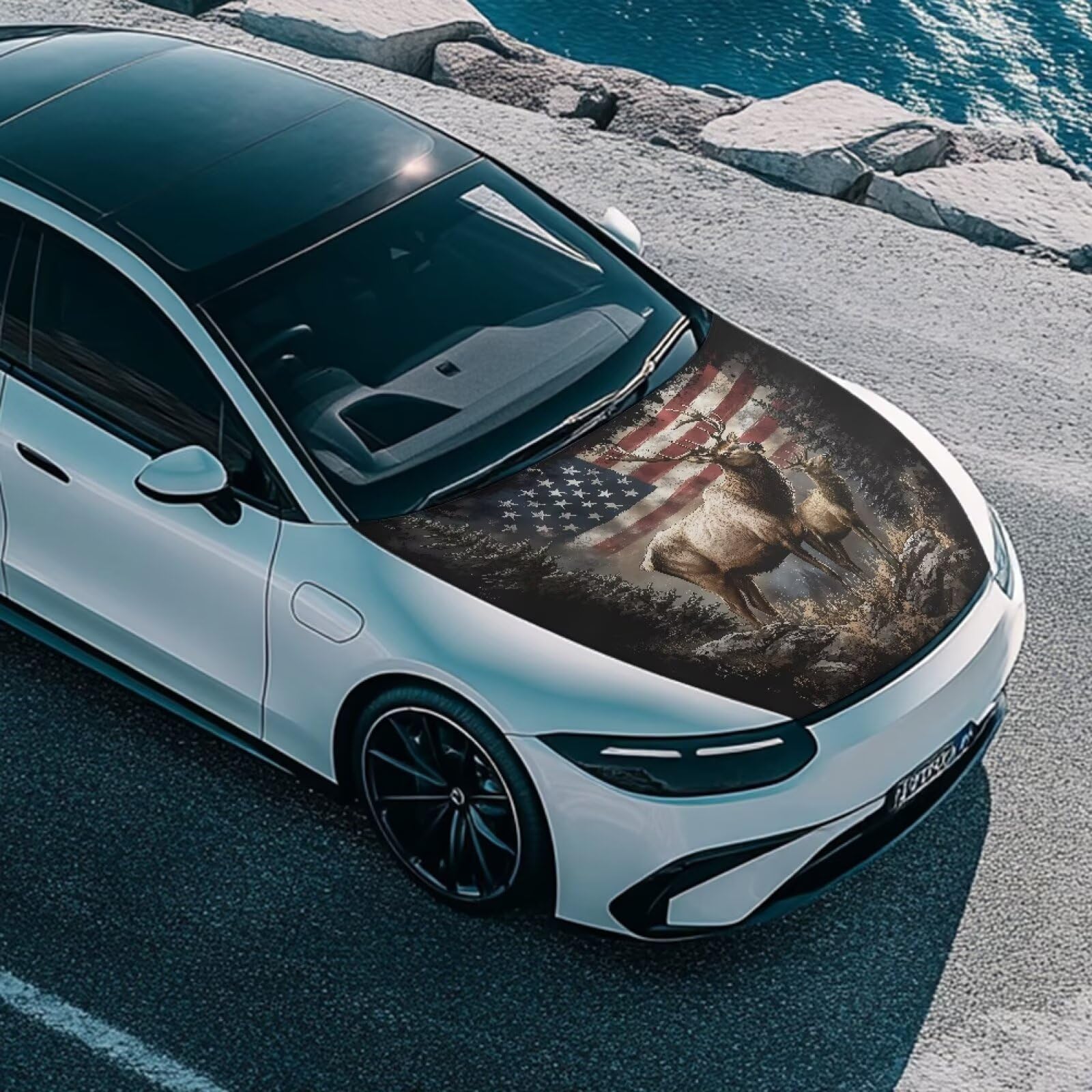 Qiyupavto Deer American Flag Hood Cover for Car SUV Sedan Truck Waterproof Elastic Polyester Car Hood Protector Patriotic — view 4