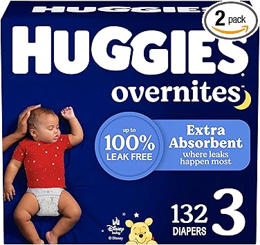 Huggies Size 3 Overnites Baby Diapers: Overnight Diapers, Size 3 (16-28 lbs), 132 Ct (2 Packs of 66), Packaging May Vary
