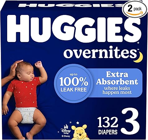 Huggies Size 3 Overnites Baby Diapers: Overnight Diapers, Size 3 (16-28 lbs), 132 Ct (2 Packs of 66), Packaging May Vary