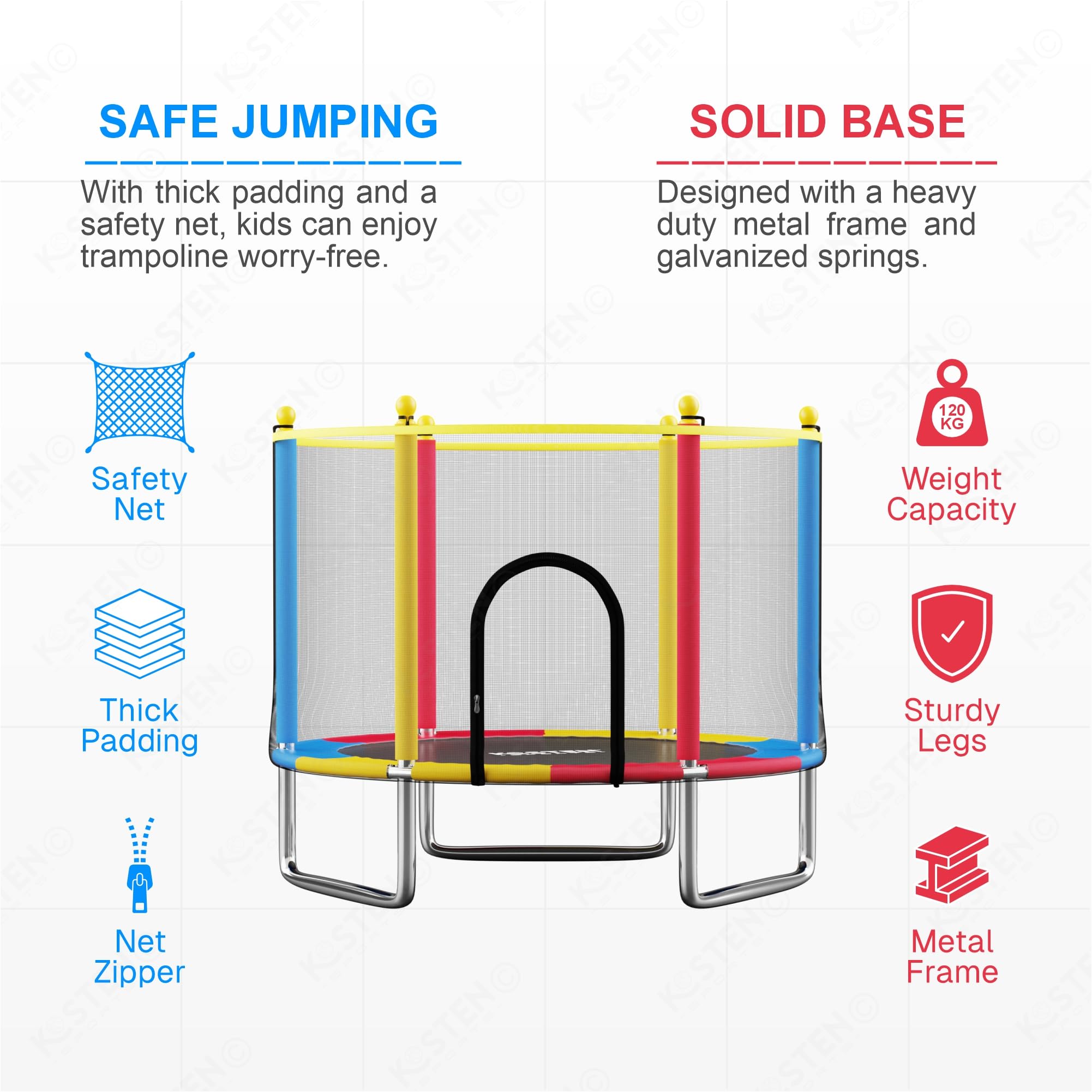 Kosten Sports 55 Inch Trampoline for Kids with Safety Net | Indoor & Outdoor | Powerful Loading Capacity | Stainless Steel Frame & Legs - Image 3 thumbnail