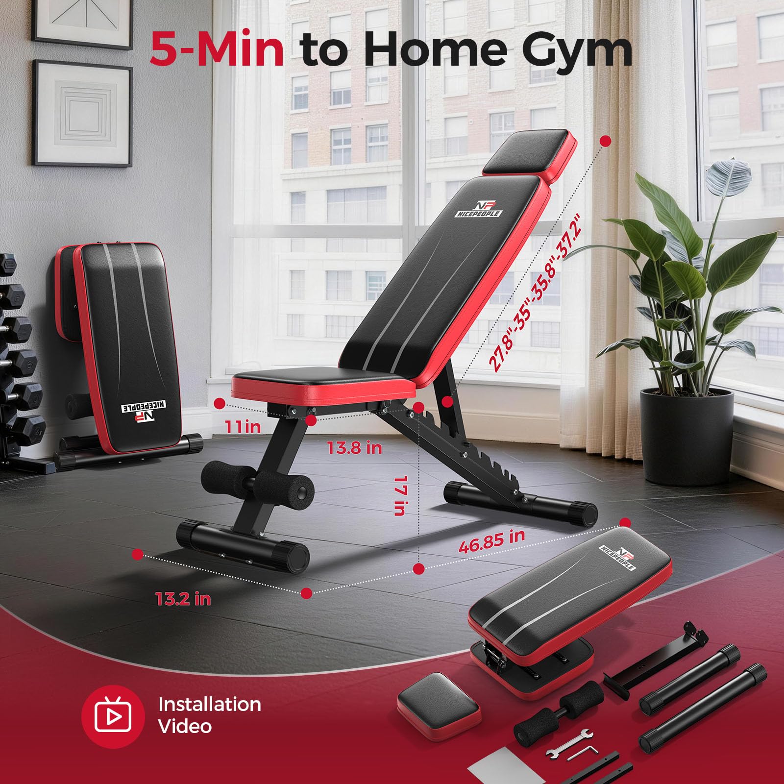 Nicepeople Adjustable Weight Bench up to 6'2", Dual-Support & ASTM-Tested Workout Bench & 10 Backrests for Chest Shoulders Arms for Home Gym, 660LBS Capacity but Compact and Foldable Strength Bench Apartment Room