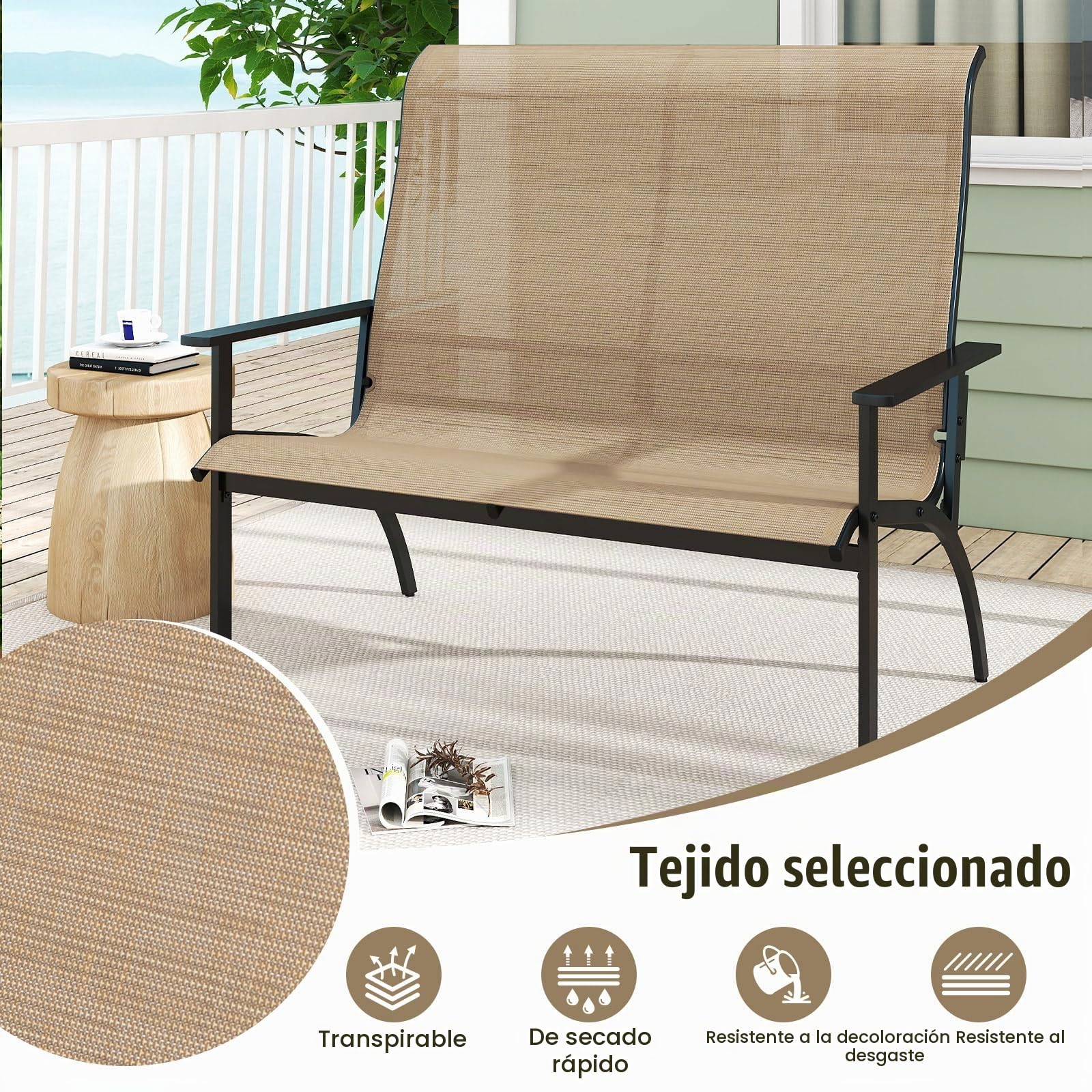 KOMFOTTEU Banco de Jardín Exterior de 2 Plazas Textilene con Carga 400 kg | Silla Adirondack de Exterior con Respaldo Alto y Reposabrazos, para Patio y Balcón, 81 x 120 x 106 cm