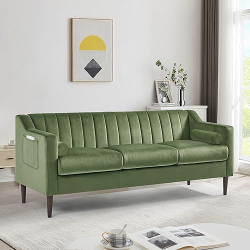 Sofá Chesterfield de terciopelo moderno, sofá grande de 3 asientos, muebles de sofá tapizados cómodos de 76 pulgadas con marco de madera y patas de