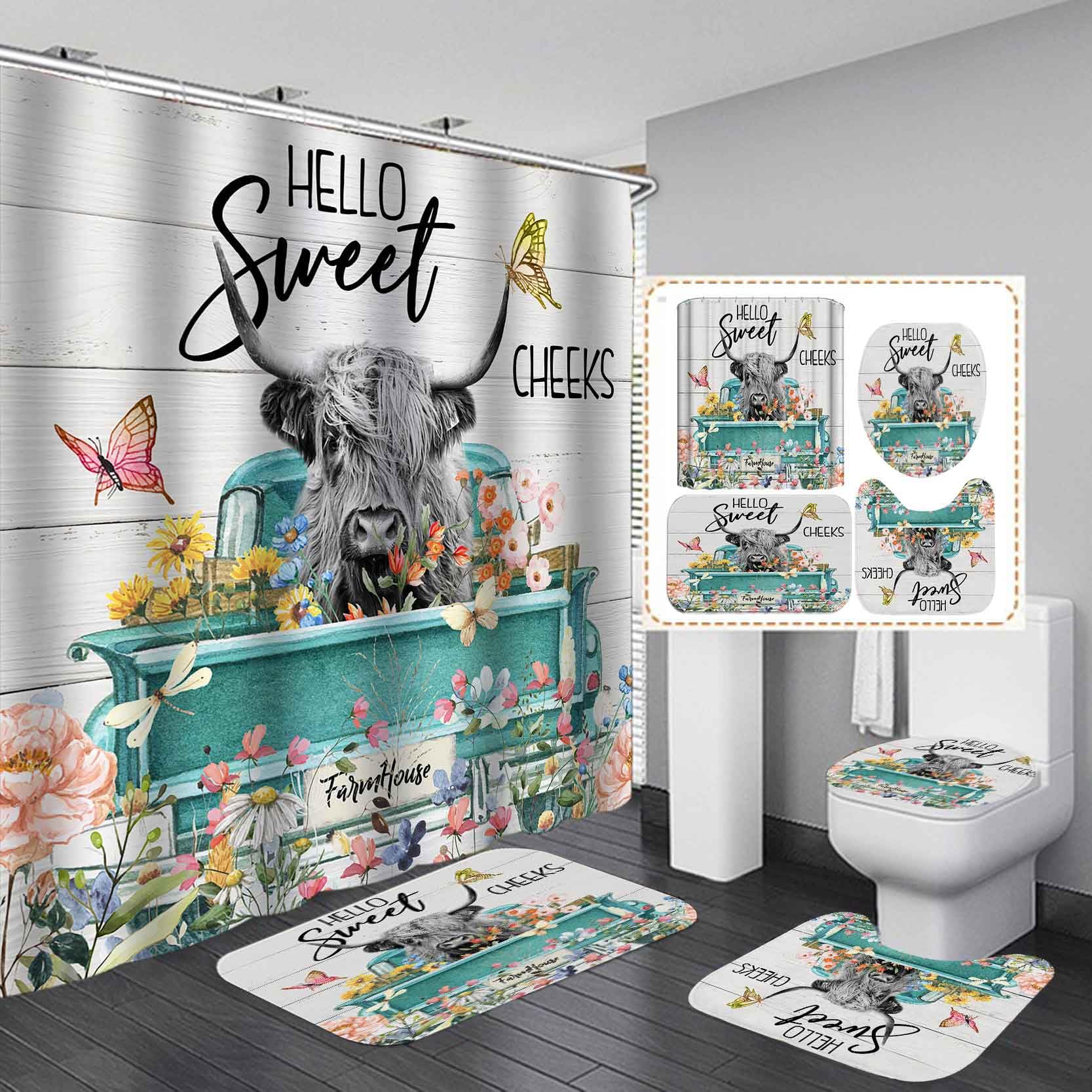 Camille&Andrew 4PCS Highland Cow Shower Curtain Set, Teal Truck Floral Butterfly Cattle Bull Western Country Rustic Farmhouse Bathroom Decor,