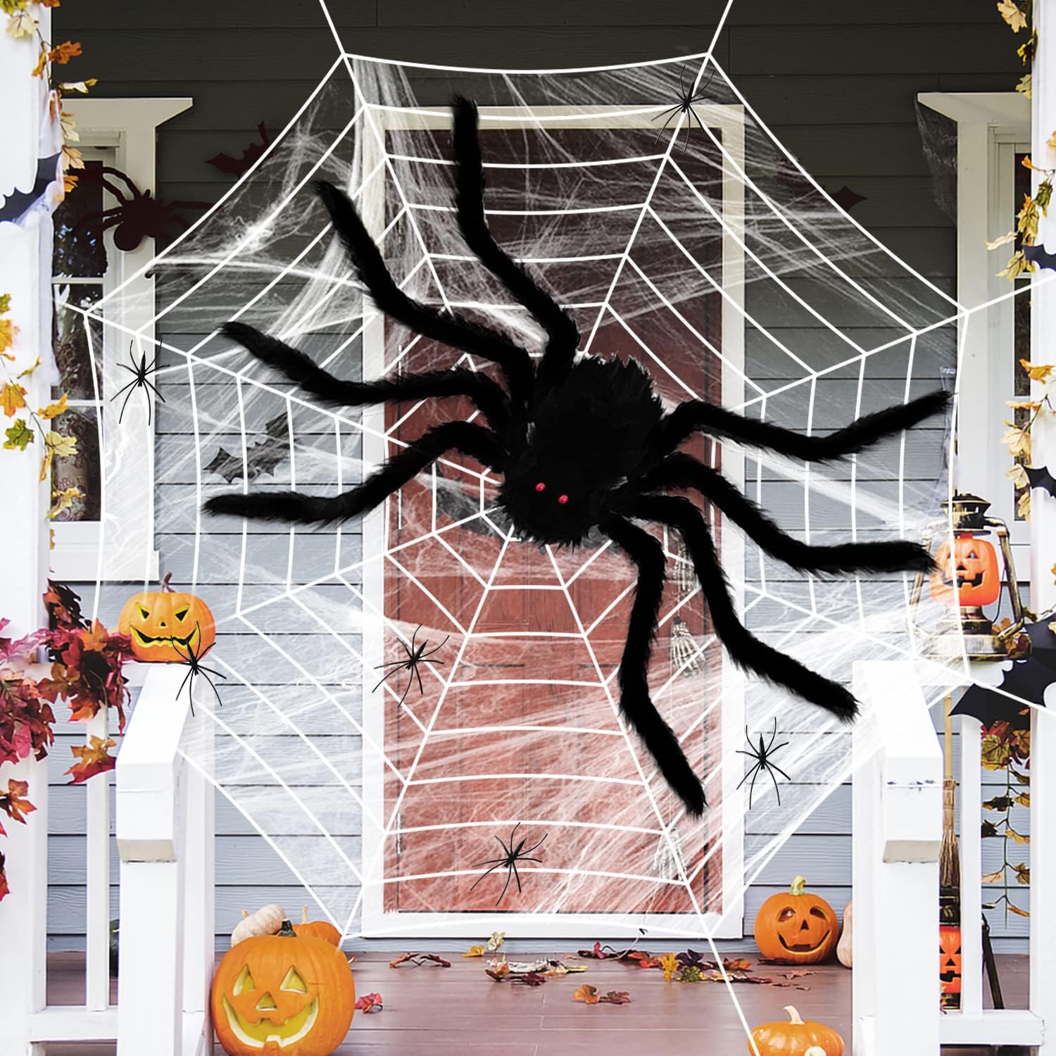 Outdoor Halloween Decorations Spider Web 5 FT Giant Spider + Diameter of 11.8 FT Circular Spider Web + 60g Spider Web + 6 Tiny Spiders