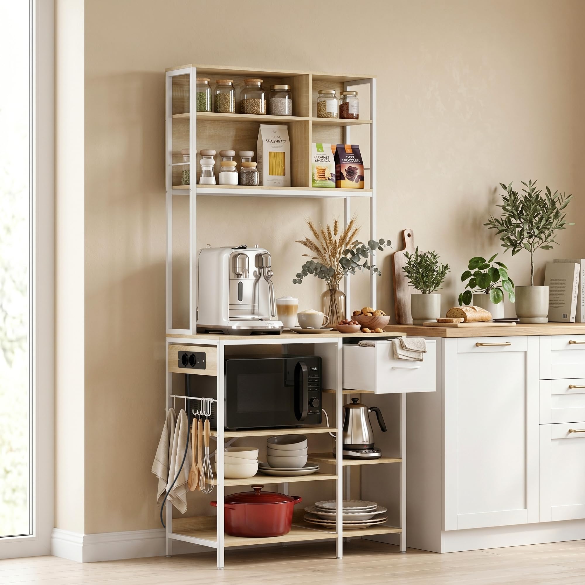 HOMCOM Estantería de Cocina con Enchufes y Puertos USB 80x40x181 cm Roble