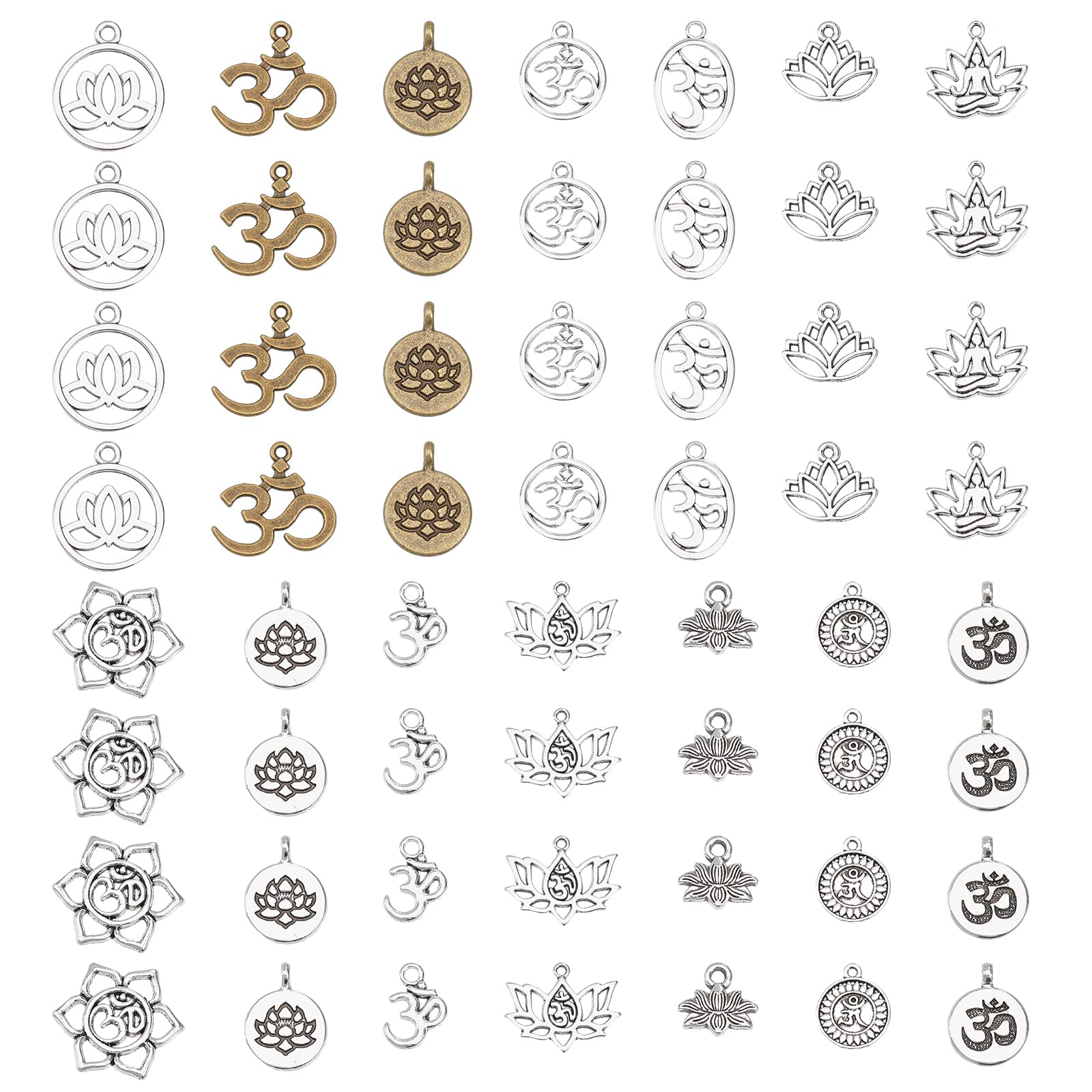 CHGCRAFT 56Pcs Chakra Charms Alloy Yoga OM OHM Flower Pendants Charms Jewelry Findings Accessory for DIY Necklace Bracelet Earrings Craft, Antique Bronze Antique Silver