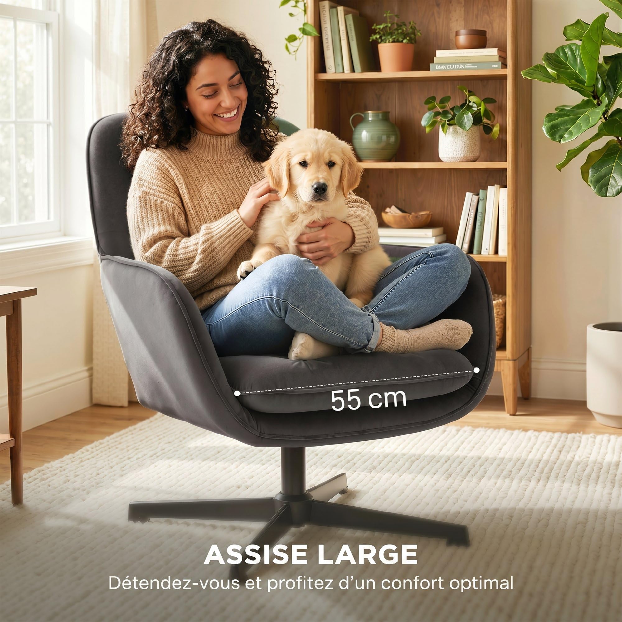 HOMCOM Sillón Giratorio de Terciopelo Asiento Ancho Gris Oscuro | Silla de acento, cojín, marco de metal, para sala de estar, dormitorio, rincón de lectura