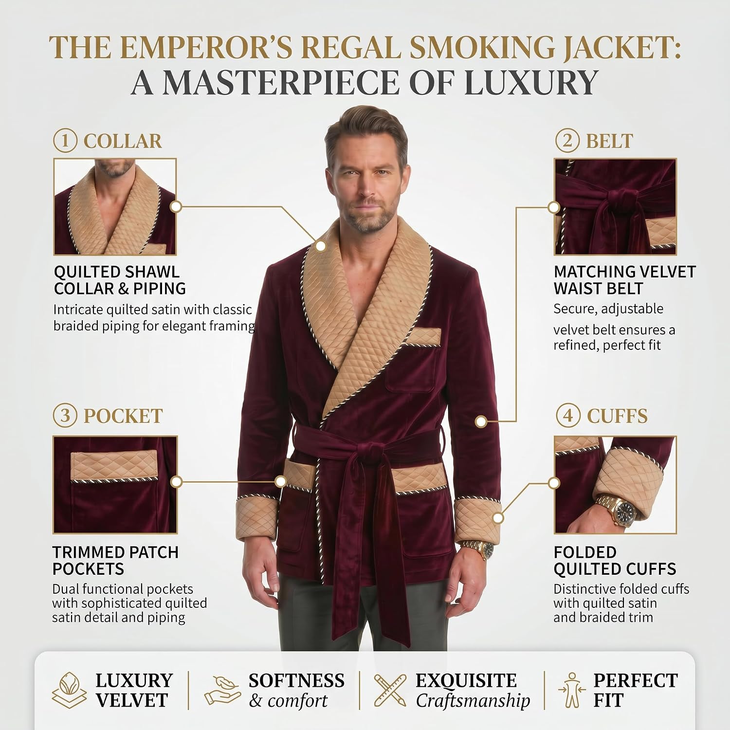 Men’s Velvet Smoking Jacket Robe with Quilted Shawl Collar & Belt – Luxury Lounge Coat