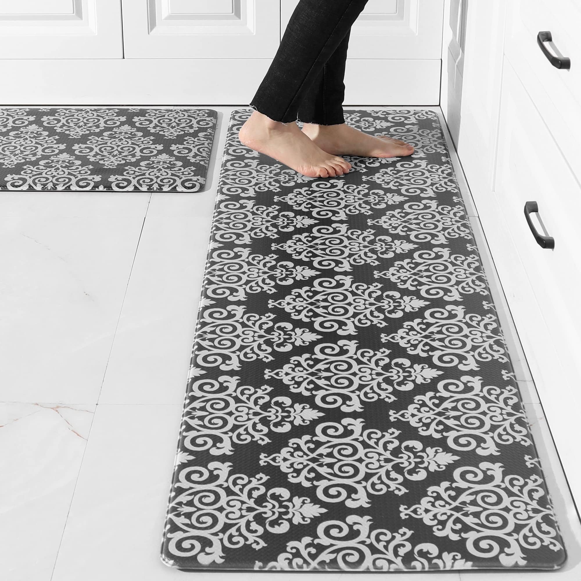 COSY HOMEER 59x18 Inch/30X18 Inch Cushioned Anti-Fatigue Kitchen Rug, 2 Pieces PVC Ergonomic Comfort Standing Foam Mats,Waterproof Non-Slip Kitchen Mats and Rugs for Floor Home Sink,Black