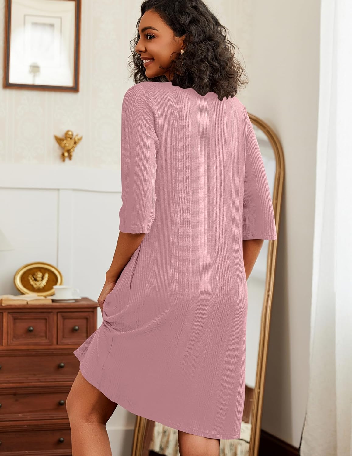 Ekouaer Zipper Robes for Women 3/4 Sleeve Waffle Knit Bathrobe Lightweight Short Housecoat with Pockets Soft Loungewear - Image 2