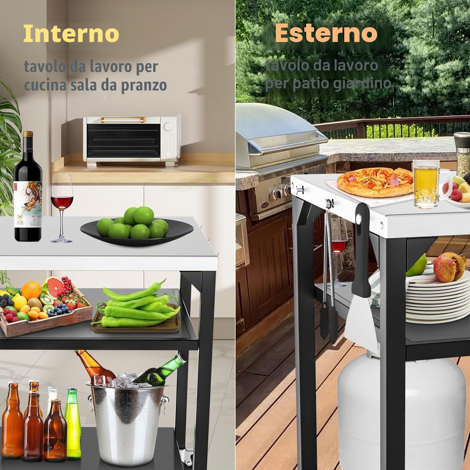 GFTIME Carrello con tavolo per forno a pizza per Ninja Woodfire, Blackstone Griddle, Weber Q, grande carrello multiuso per isola da cucina, supporto per griglia da esterno, carrello con tavolo per