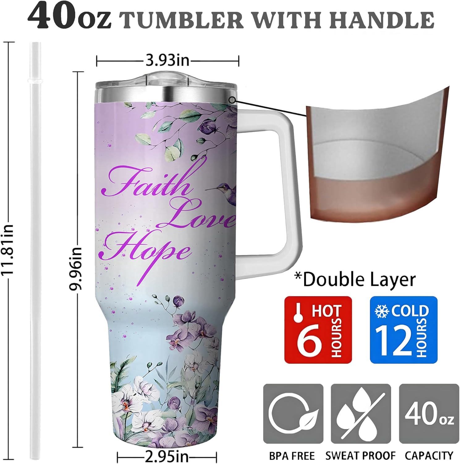 40 Oz Hummingbird Tumbler with Handle and Straw, Double Wall Coffee Travel Mug Leak Proof, Stainless Steel Hummingbird Cup with Handle and Straw, Reusable Insulated Hummingbird Mug Gifts for Women - Image 3