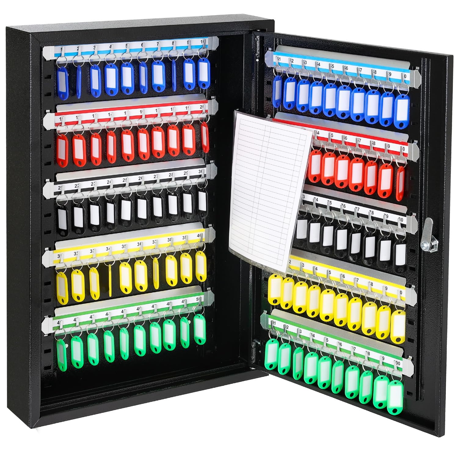 HMF Armario para Llaves Grande de Acero, Caja Llaves Pared con Cerradura para Oficina, administración o Flota de vehículos | 100 Ganchos para Llaves | 55 x 38 x 8 cm | Negro