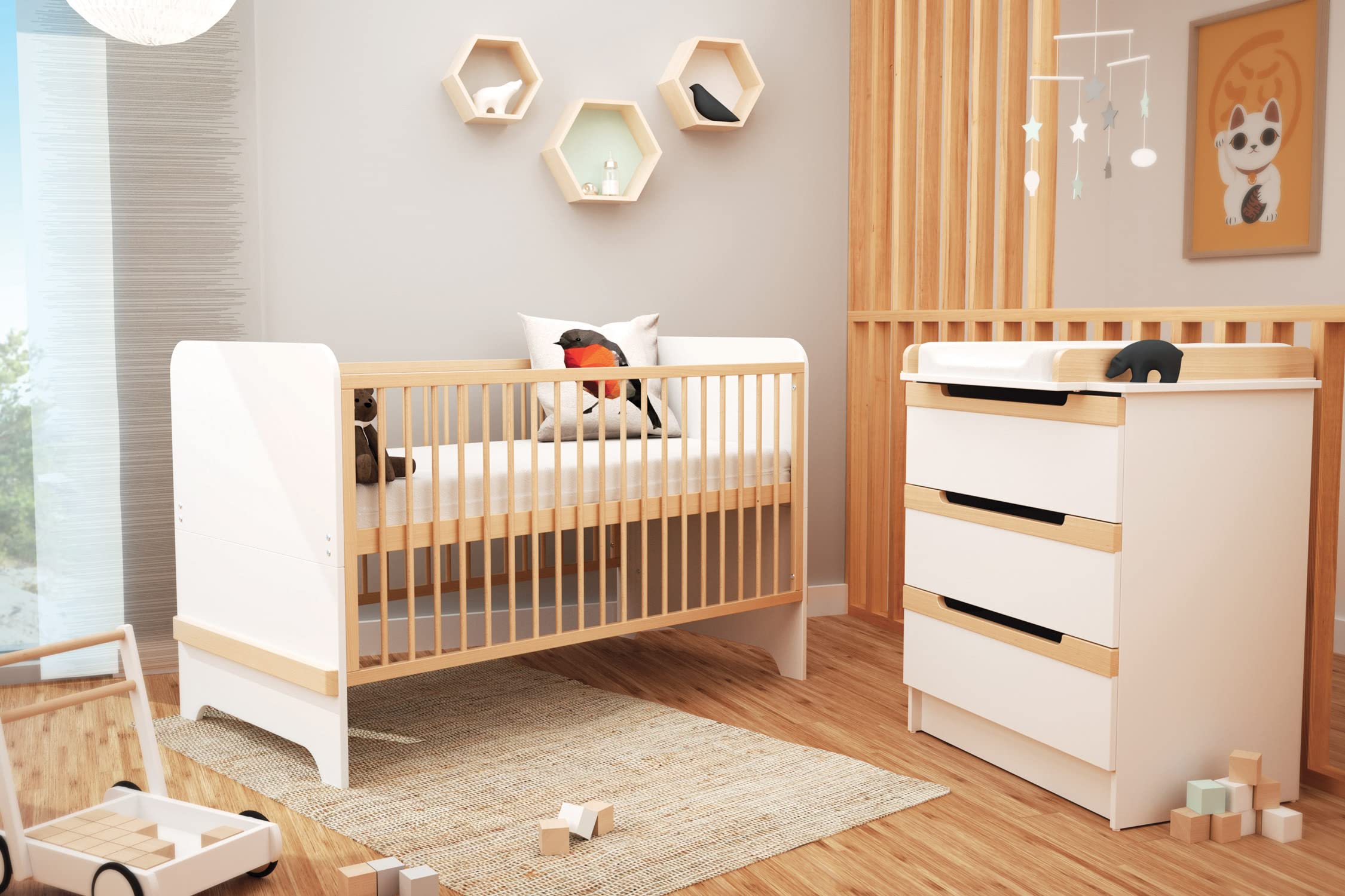 AT4 - Habitación bebé completa CARROUSEL madera - Blanco/Haya Barnizada - 70 x 140-147,5 x 78 x 93,5/79 x 65,5 x 94/51 x 96 x 176 cm