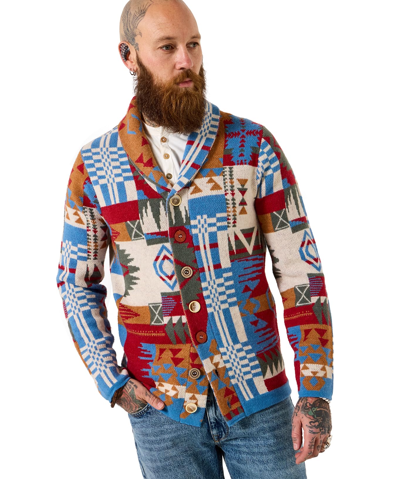 Joe Browns Men's Aztec Patchwork Shawl Neck Cardigan, Regular, Multi, UK XL