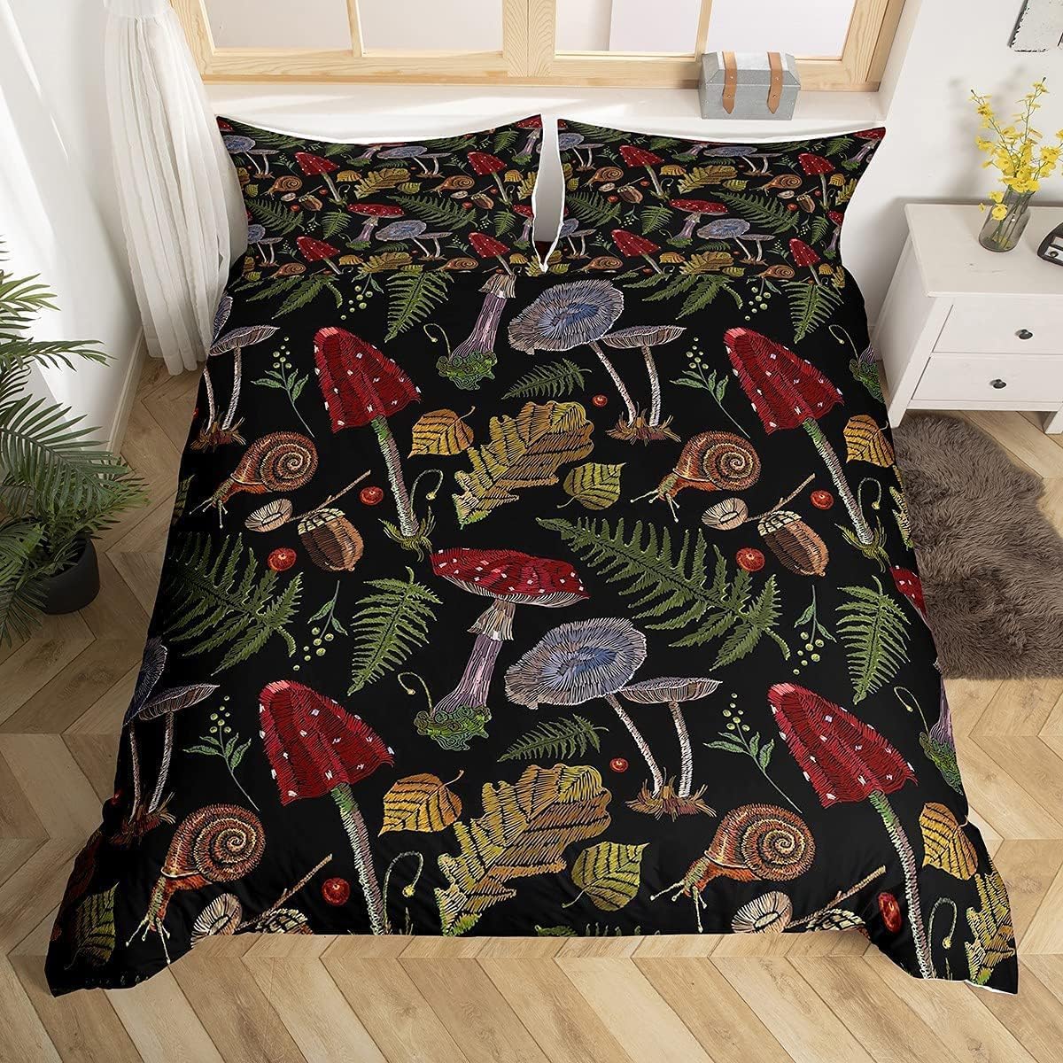 richhome Mushrooms for Kids Bedding Set King Size mushrooms snails leaves Duvet Cover Set Boys Girls teenagers bedroom nature plants animals Comforter Cover Set โ image 1