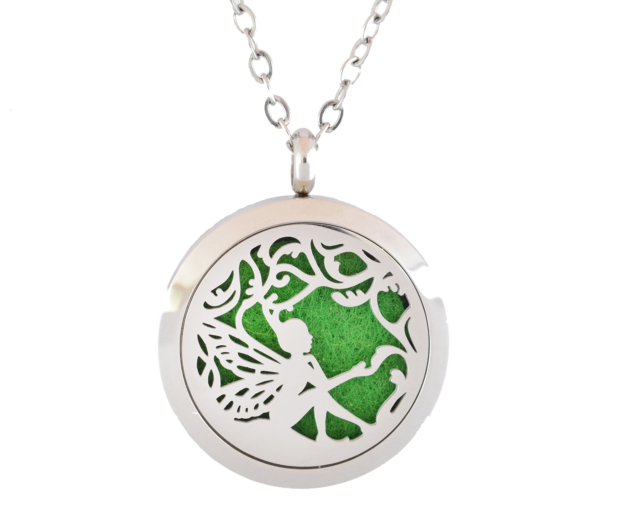 Aromatherapy Essential Oil Diffuser Stainless Steel 30MM Silver Magnetic Locket Pendant with Chain Necklace and Colored Refill Pads & Diffuser Bracelet All in a Gift Bag (Fairy)