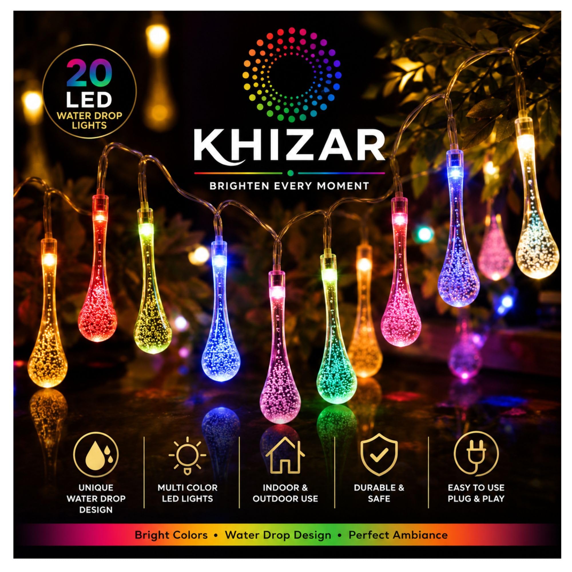 KHIZAR 20 LED Water Drop String Lights, Multi-Color Decorative Fairy Lights, Plug-in Hanging Lights for Eid, Ramadan, Diwali, Bedroom, Balcony, Wedding, Party & Home Decoration 1