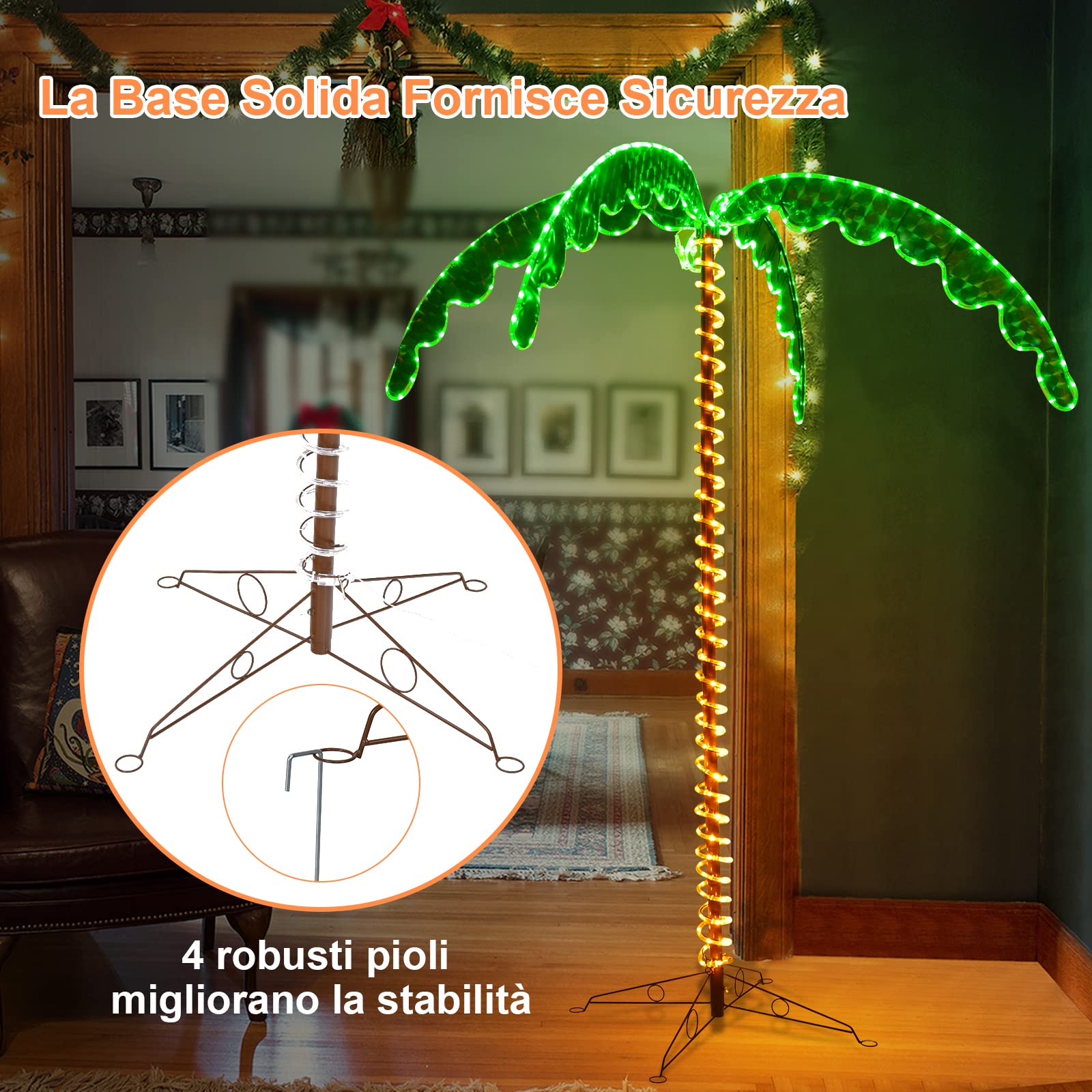 COSTWAY Palma Tropicale con Luci LED 136/168 cm, Illuminazione Esterna con Forma di Palma, con Base Pieghevole, Palma Realistica Decorativa per Feste e Esterno (168cm)
