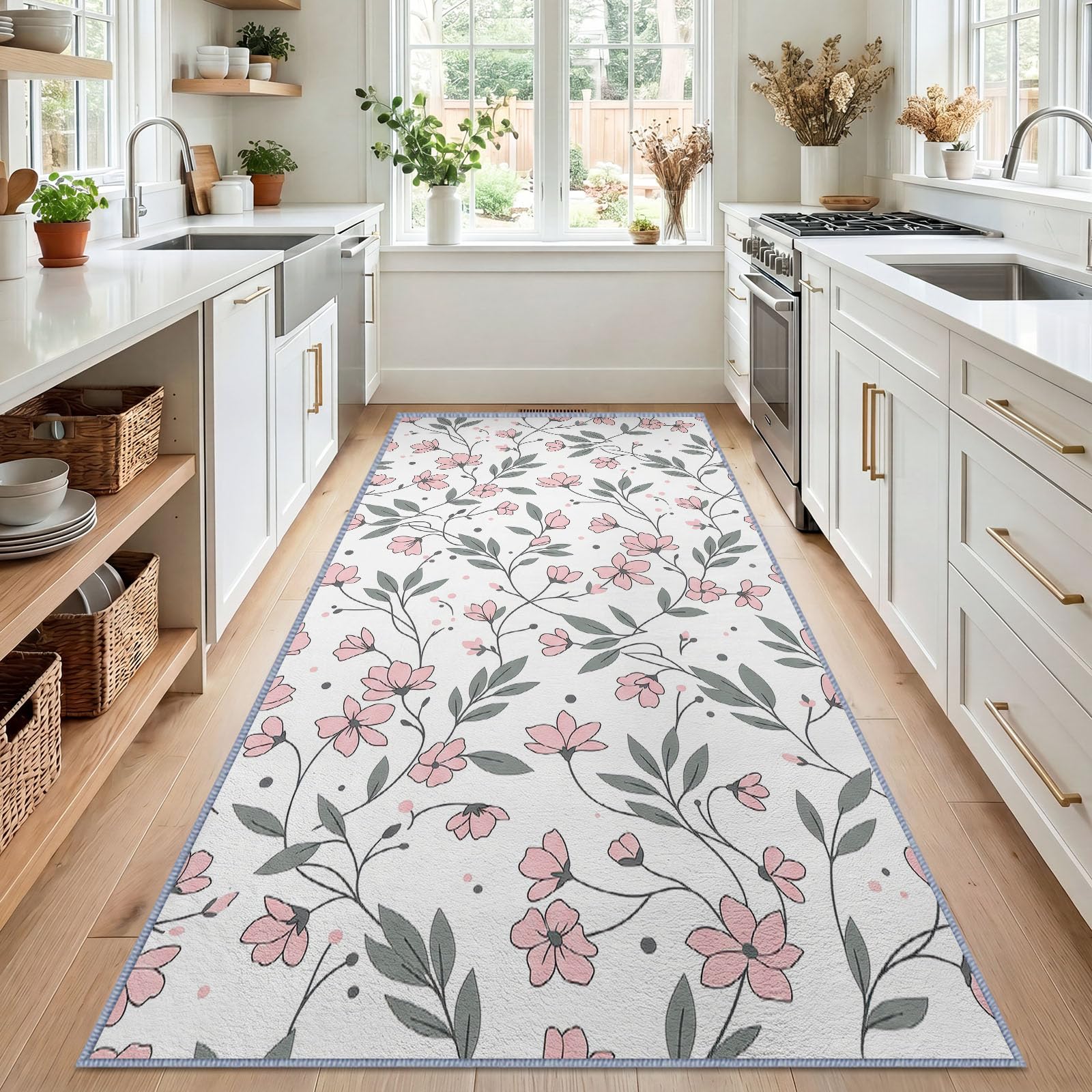 Acquarelle Florale Nordic - Tappeto da corridoio antiscivolo, 80 x 180 cm