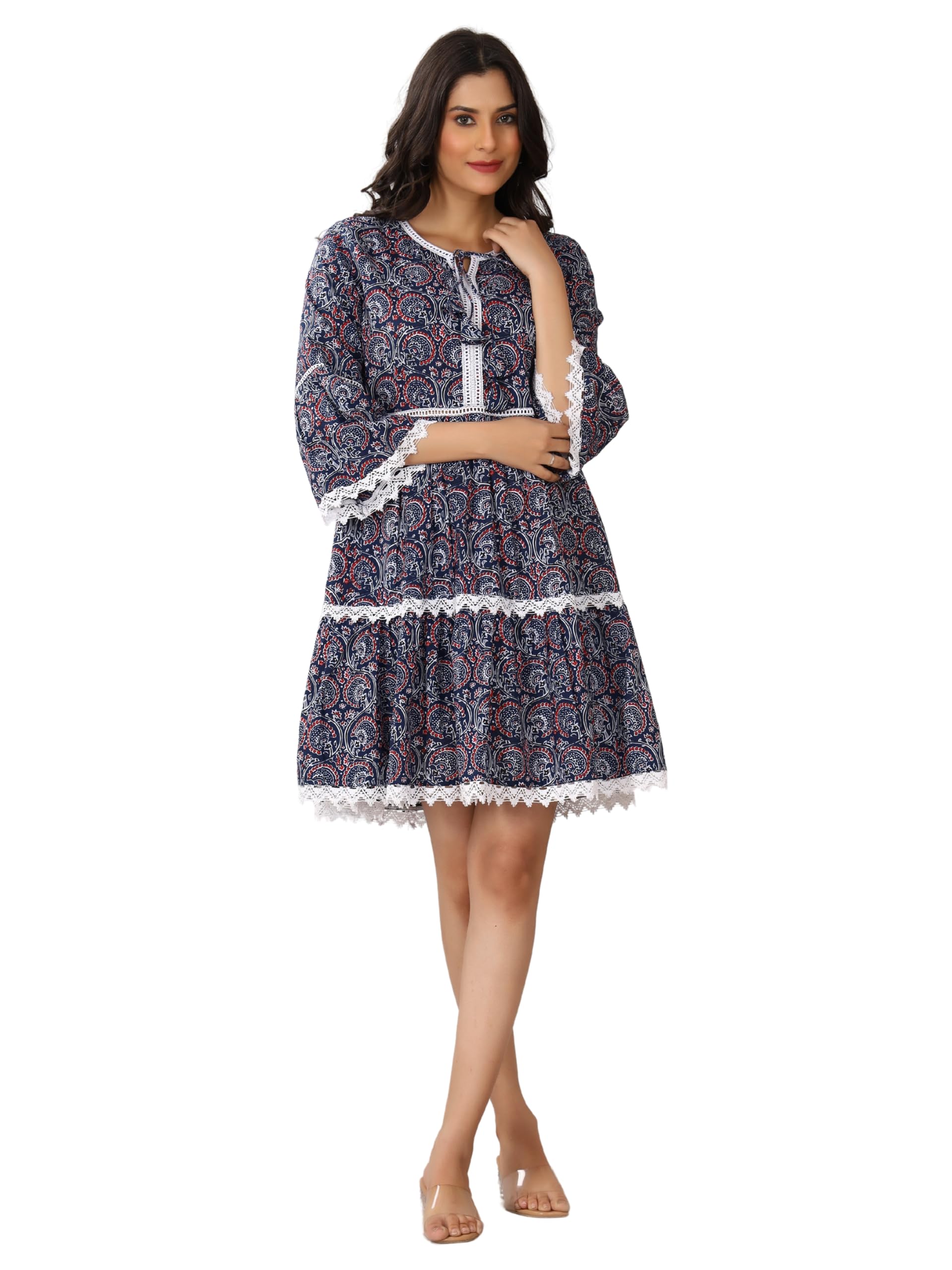 Holy libasJaipuri Cotton Printed Flared Strappy Midi A-Line Dress for Women, Above Knee Length A-Line Indo Western Dress