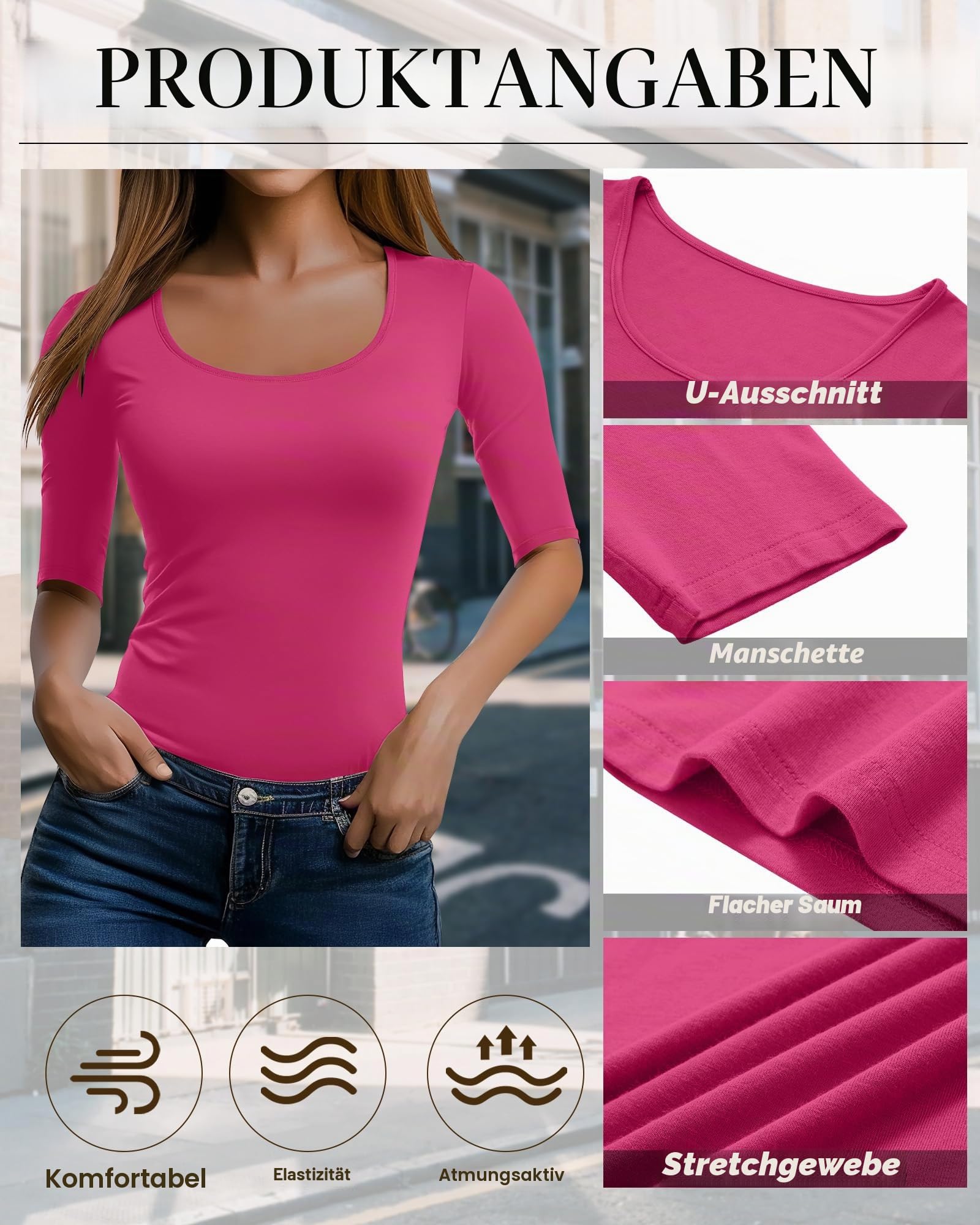 Neer 3er Pack Damen Tops Rundhalsausschnitt Halbe Ärmel Stretch Baumwollmischung Slim Fit Basic Sommer T-Shirts